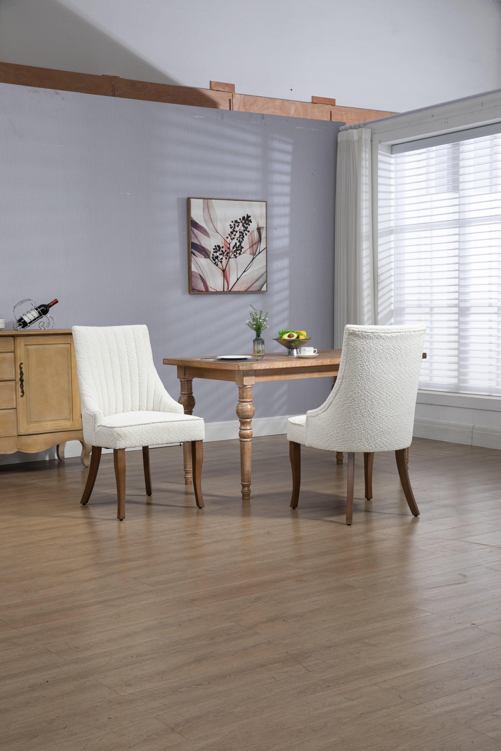 Exquisite White Boucle Upholstered Strip Back Dining Chair with Solid Wood Legs 2 Pcs