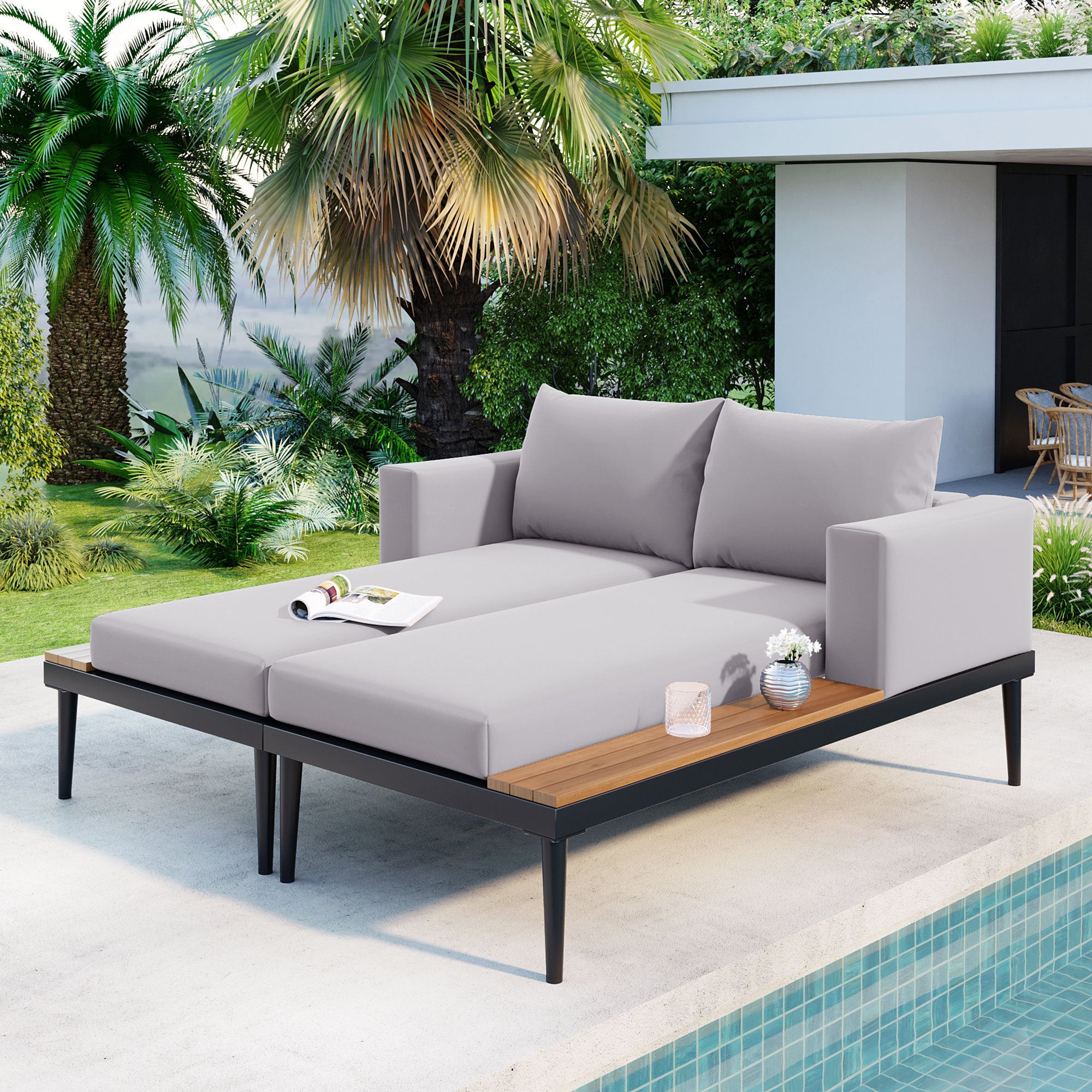 🆓🚛 Modern Outdoor Daybed Patio Metal Daybed With Wood Topped Side Spaces for Drinks, 2 In 1 Padded Chaise Lounges for Poolside, Balcony, Deck, Gray