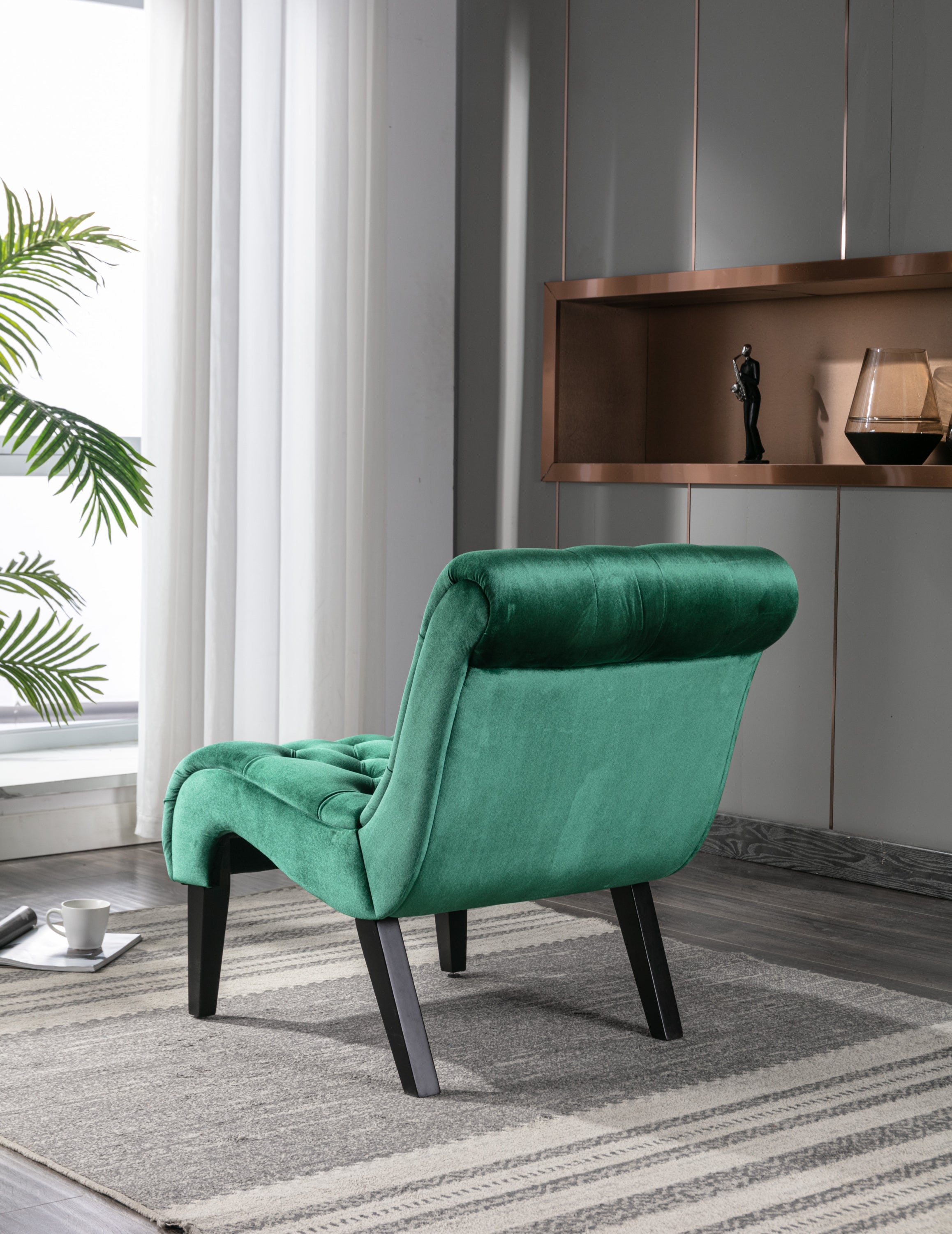 🆓🚛 Armless Living Room Chair with Curved Backrest, Green