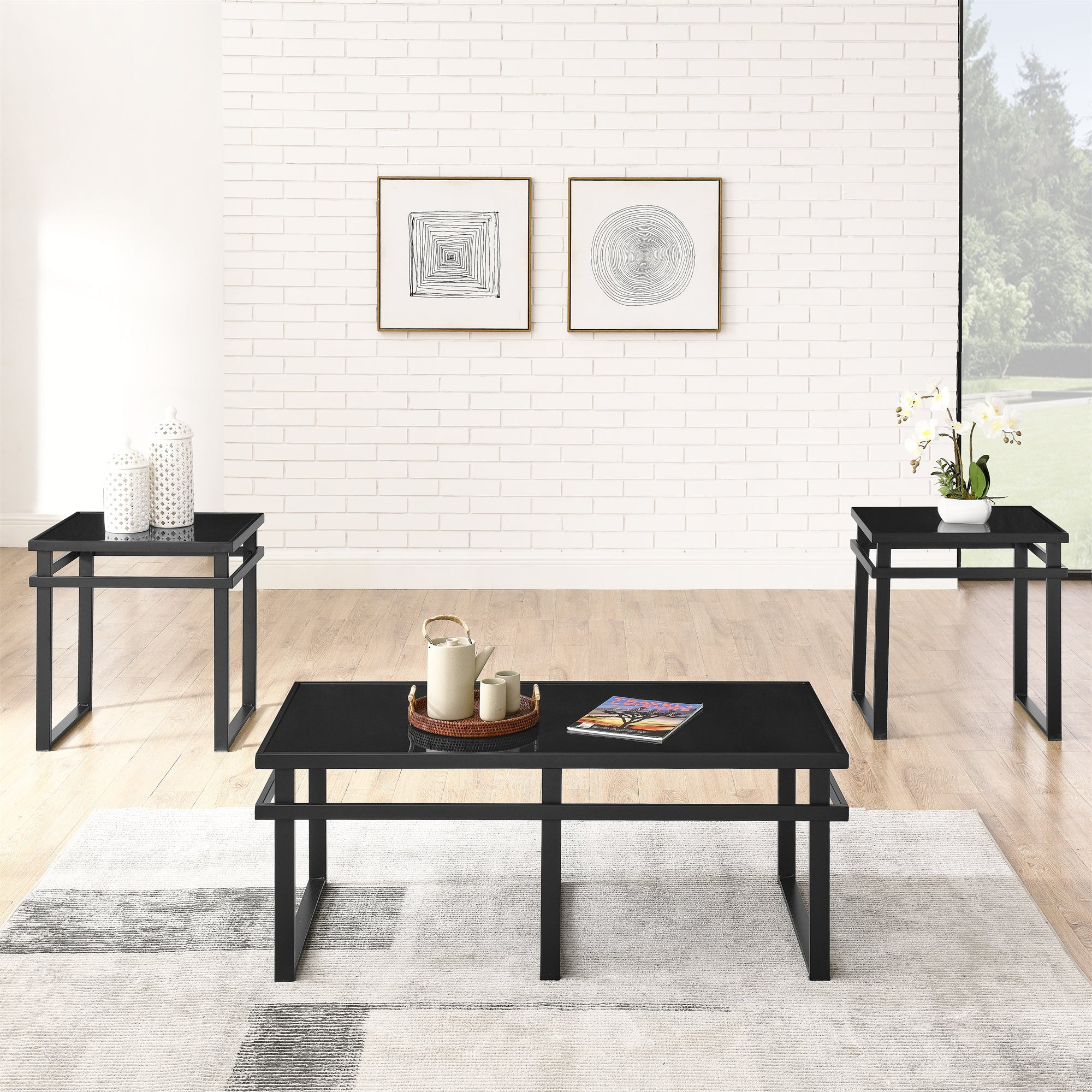 🆓🚛 Modern 3-Piece Table Set, Includes 1 Coffee Table and 2 End Tables With Black Glass Top and Metal Tube, Black