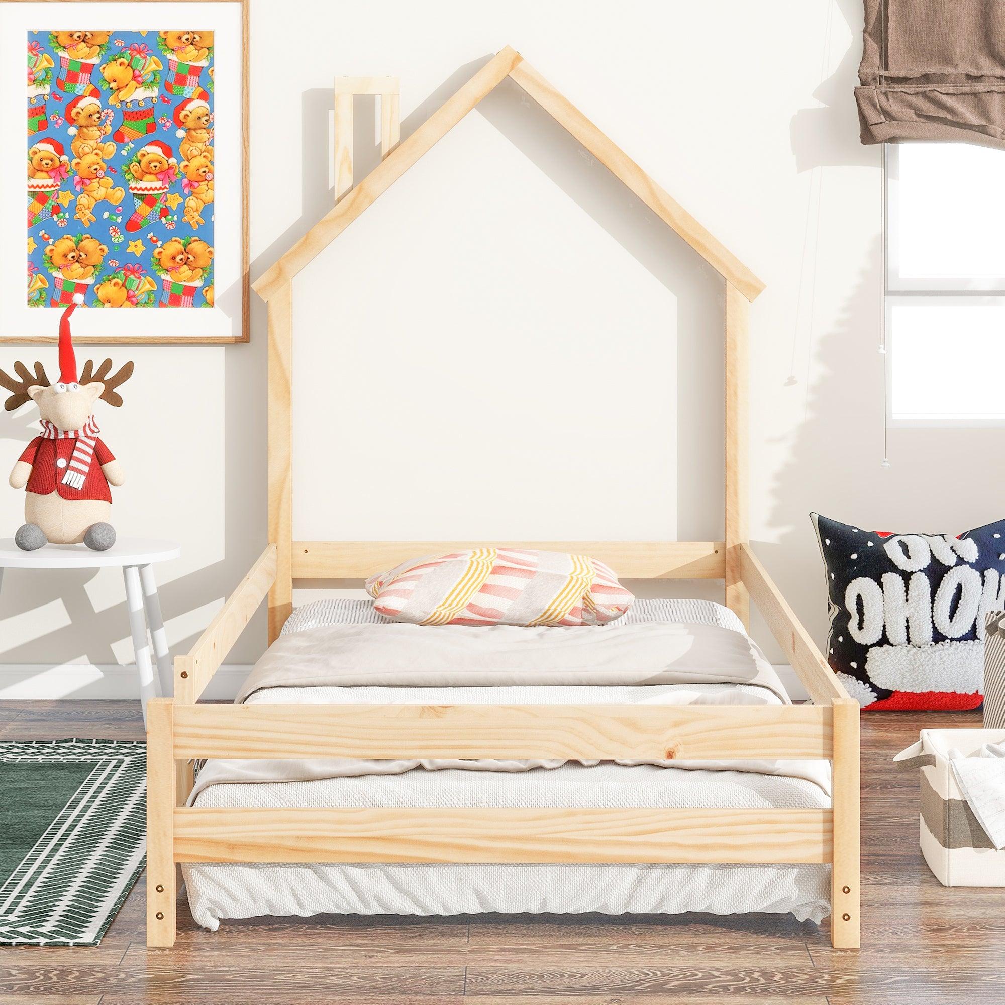 🆓🚛 Twin Size Wood Bed With House-Shaped Headboard Floor Bed With Fences, Natural