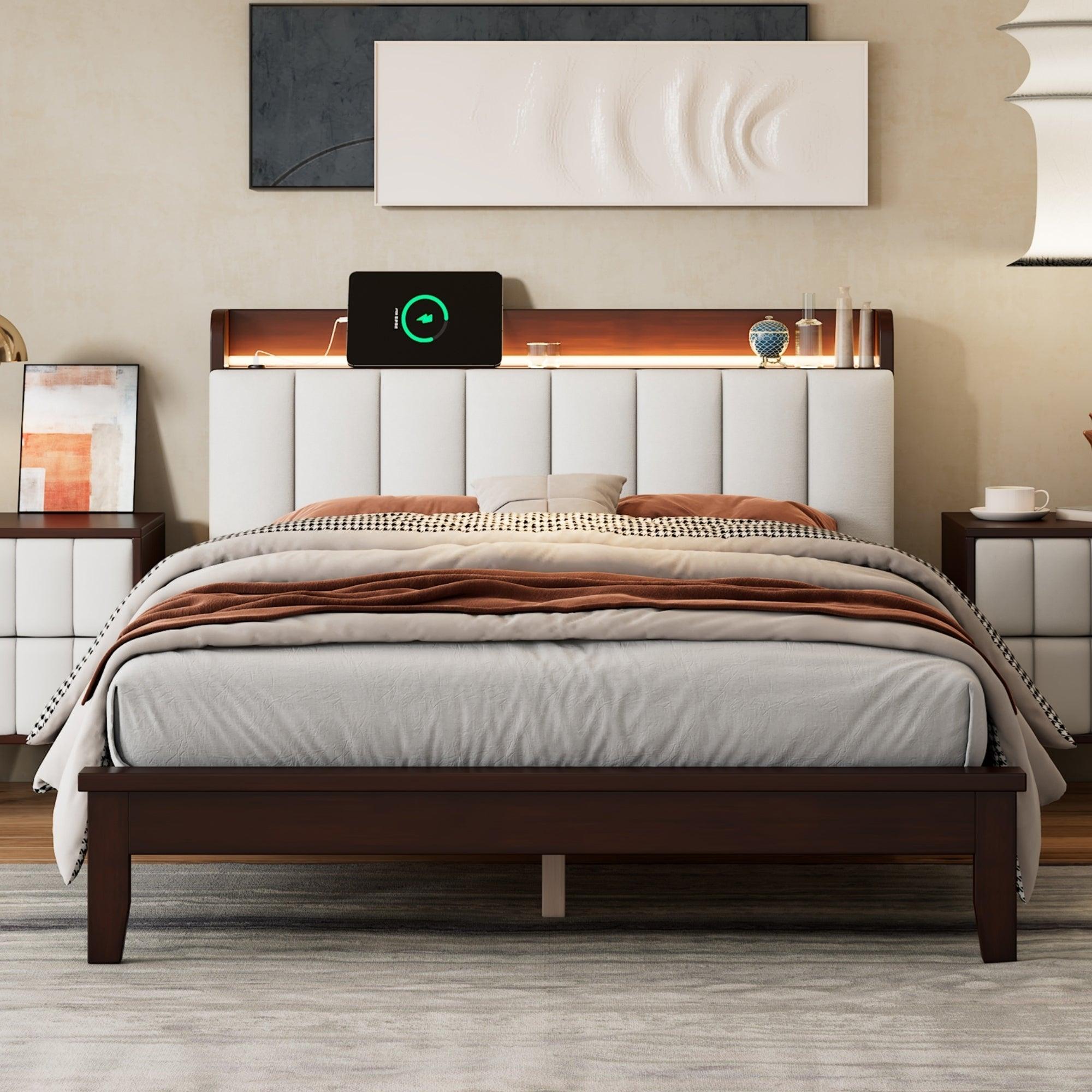 Full size Platform Bed with USB Charging Station and Storage Upholstered Headboard, LED Bed Frame, No Box Spring Needed, Walnut+Beige