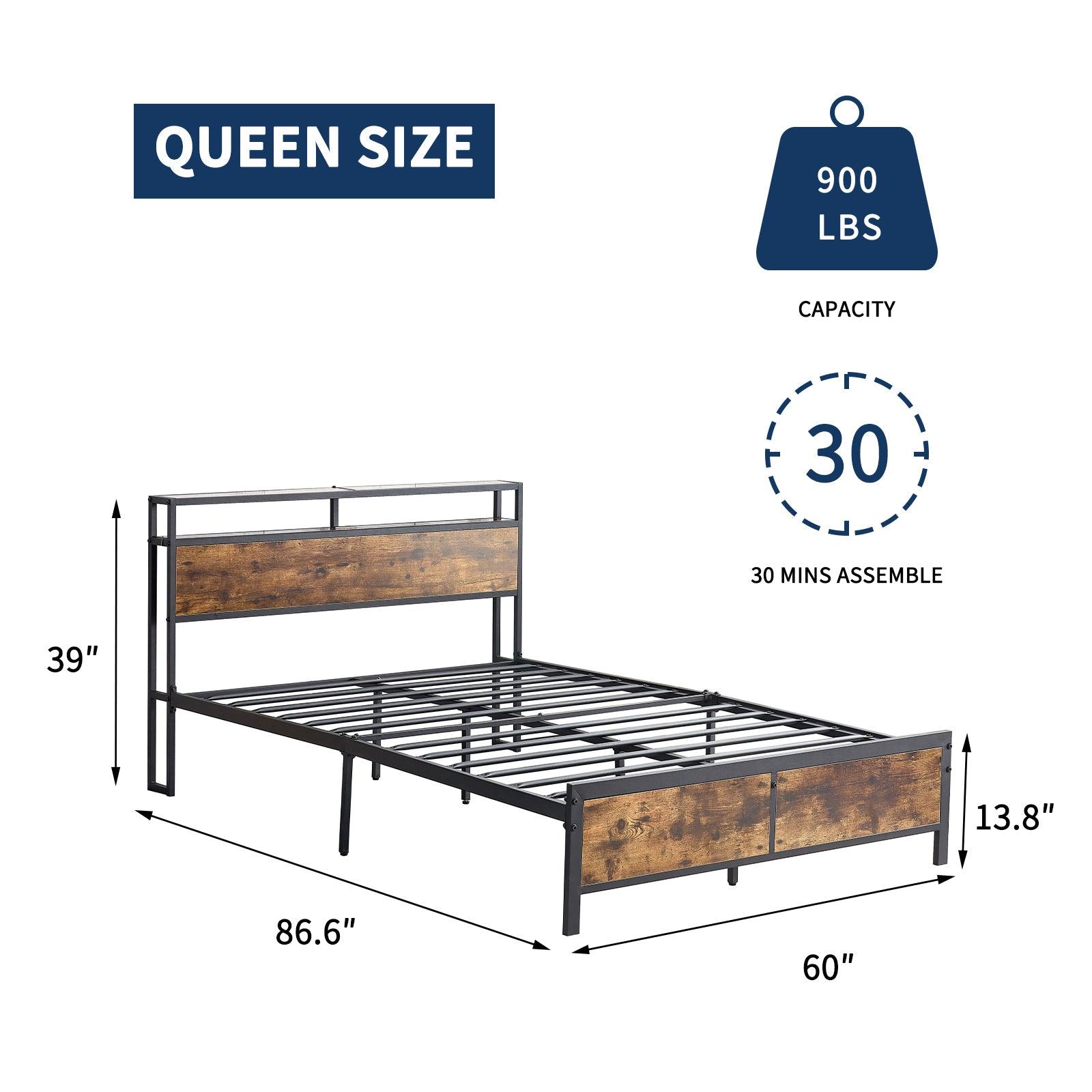 🆓🚛 Industrial Queen Bed Frame With Led Lights & 2 Usb Ports, Bed Frame Full Size With Storage, Noise Free, No Box Spring Needed, Rustic Brown