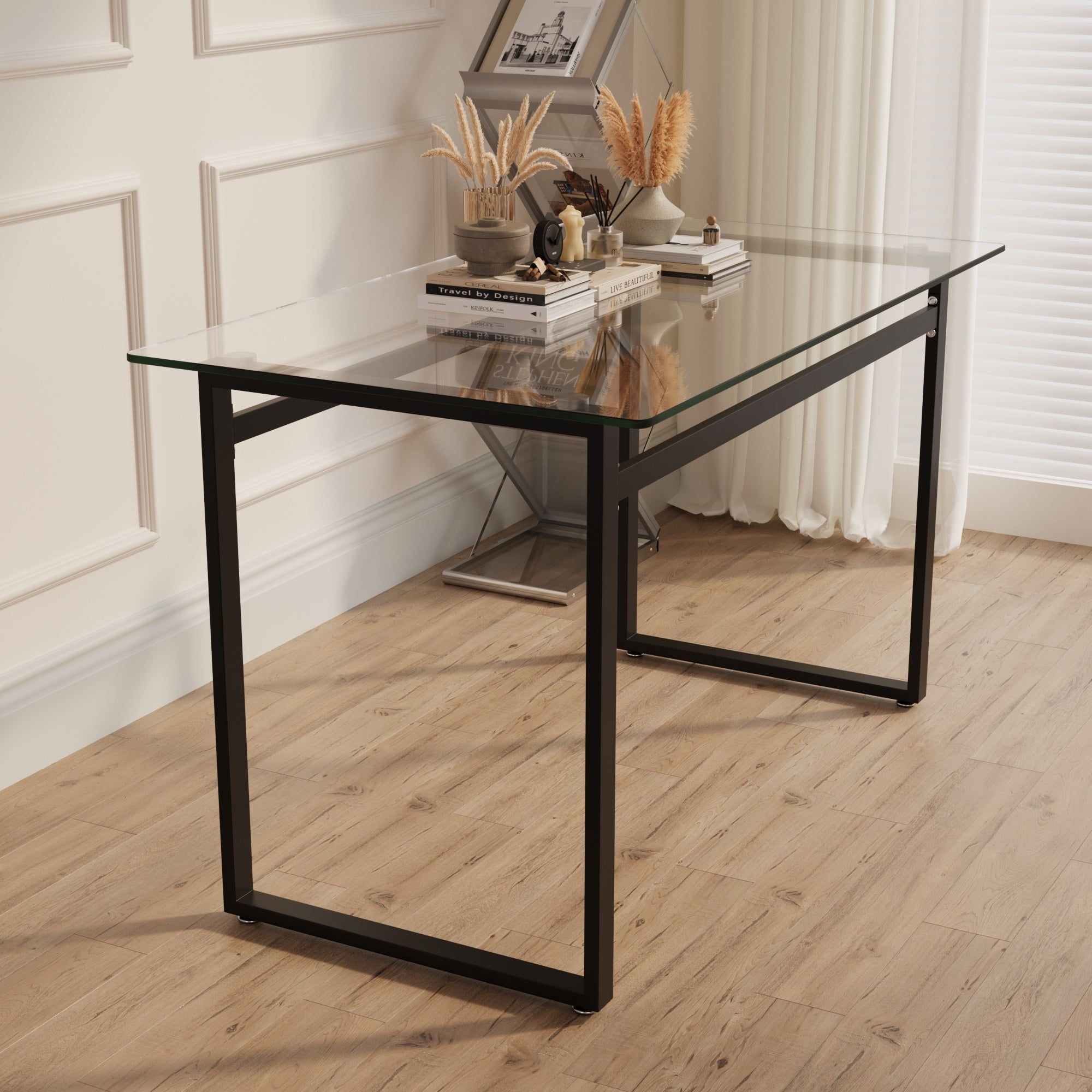 🆓🚛 Modern Minimalist Rectangular Glass Dining Table for 4-6 With 0.31" Tempered Glass Tabletop and Black Chrome Metal Legs, Writing Table Desk, for Kitchen Dining Living Room, 51" W X 27"D X 30" H