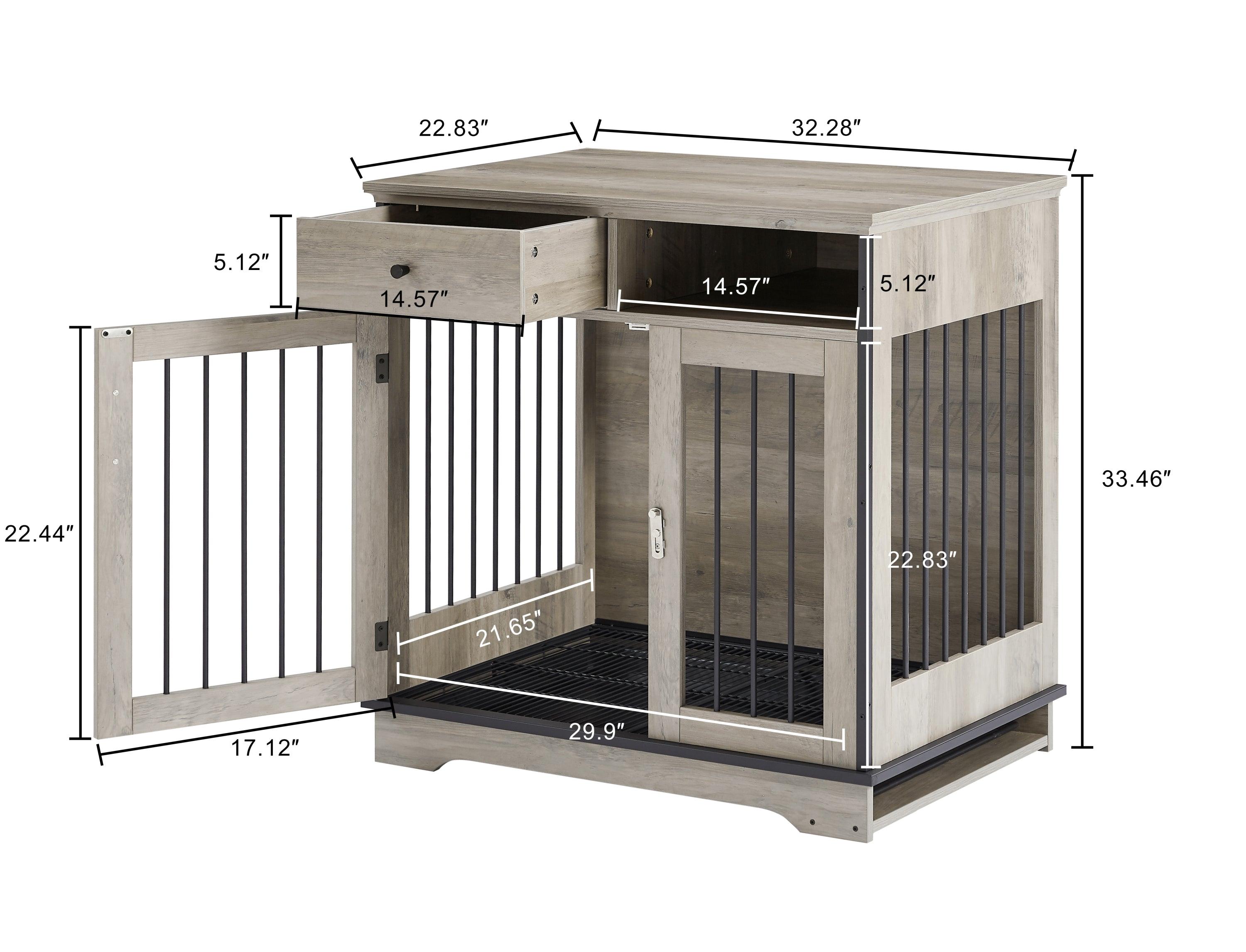 Furniture Dog Crate, Indoor Pet Crate End Tables, Decorative Wooden Kennels With Removable Trays. Grey, 32.3'' W X 22.8'' D X 33.5'' H.