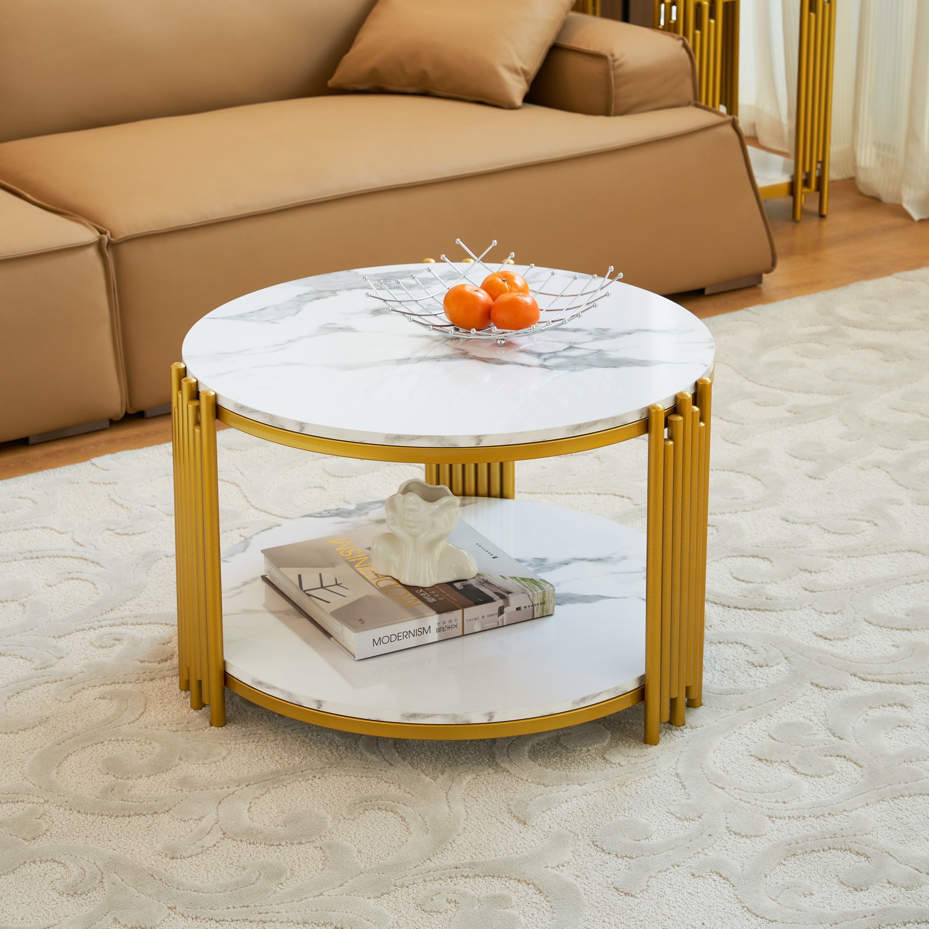 28.35 Inches Round Coffee Table, Small Coffee Table With Storage, Faux Marbling Top & Sturdy Metal Legs, Modern Sofa Table for Living Room, Small Spaces, Home Furniture With Storage Open Shelf.(Gold)