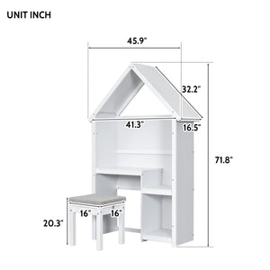 House-Shaped Desk With A Cushion Stool, White