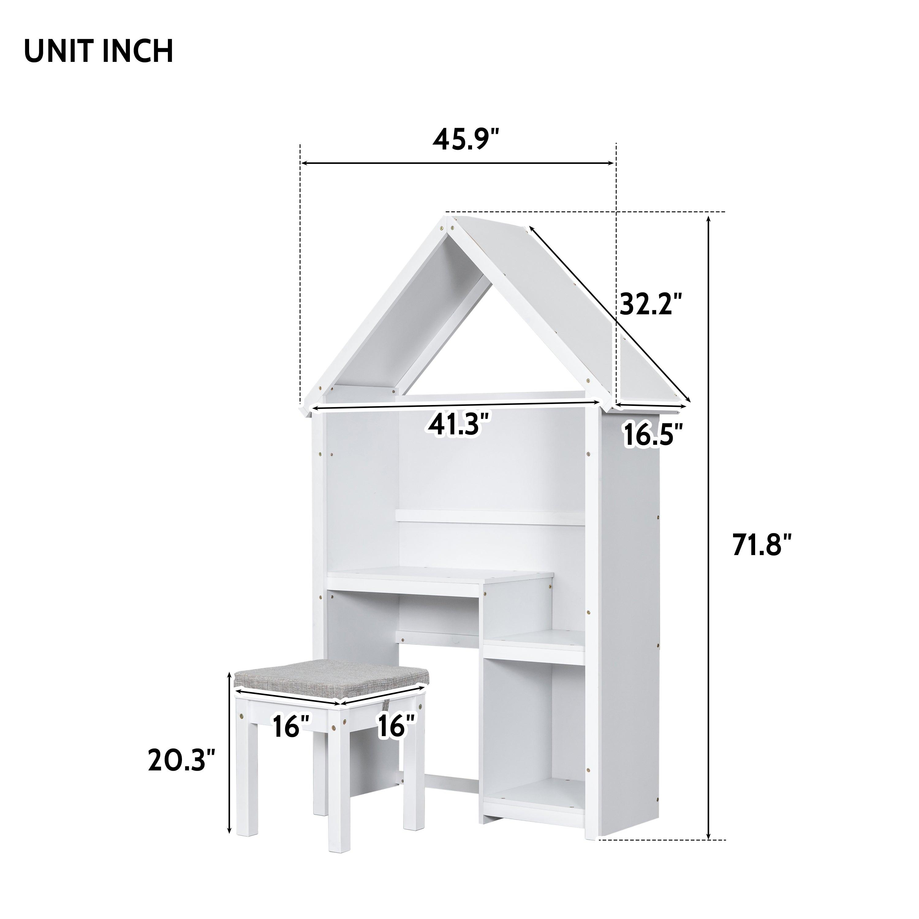 House-Shaped Desk With A Cushion Stool, White