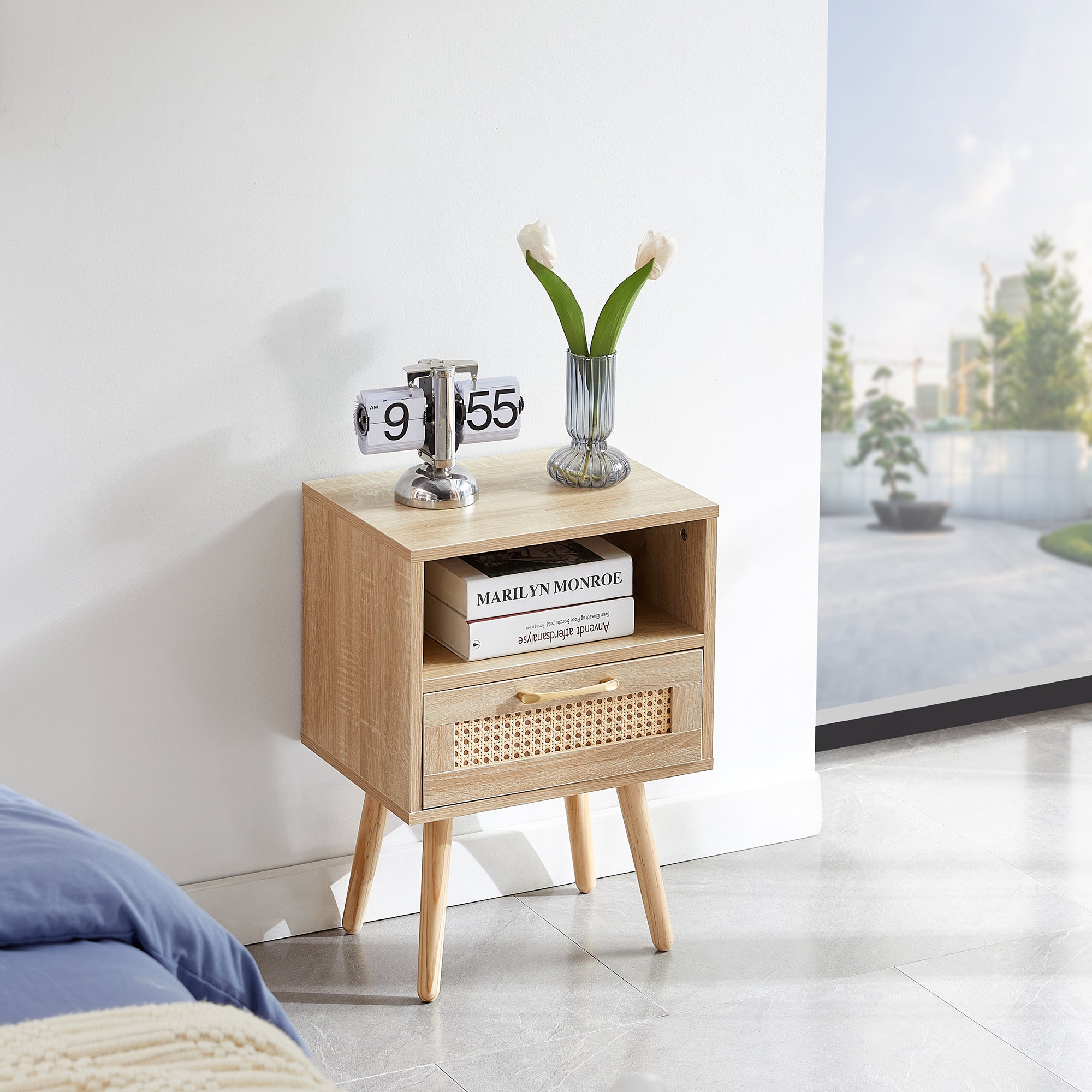 15.75" Rattan End Table With Drawer and Solid Wood Legs, Modern Nightstand, Side Table for Living Room, Bedroom, Natural