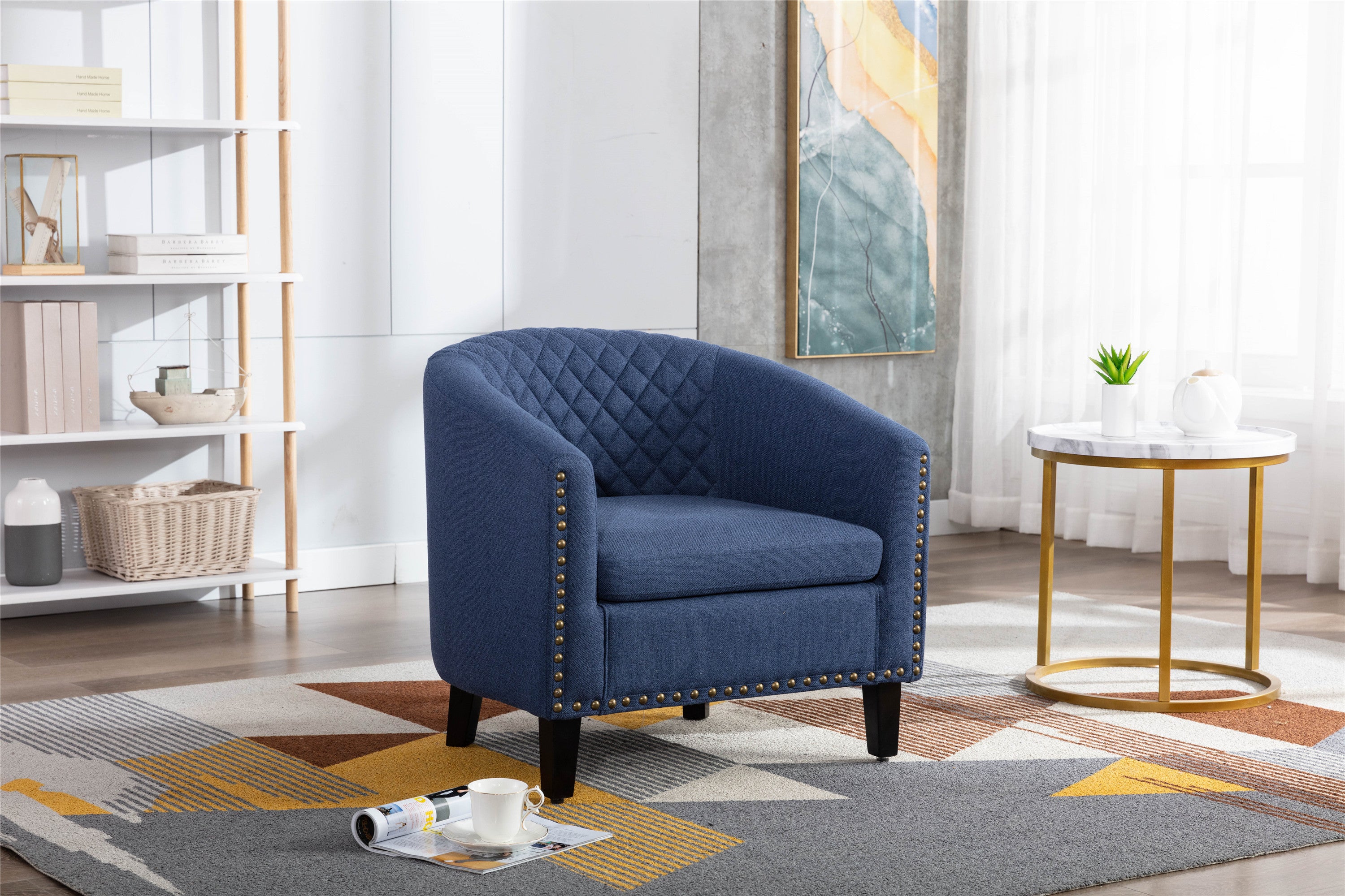 🆓🚛 Accent Barrel Chair Living Room Chair With Nailheads and Solid Wood Legs, Black Navy Linen