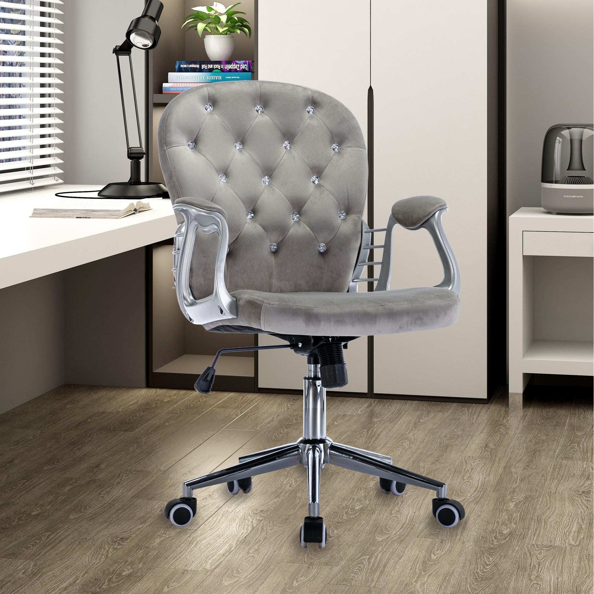 🆓🚛 Velvet Home Office Chair With Wheels, Cute Chair With Side Arms & Wheels 360°for Living Room, Bedroom, & Vanity Room, Bling Desk Nail Desk for Women, a Djustable Height, Gray