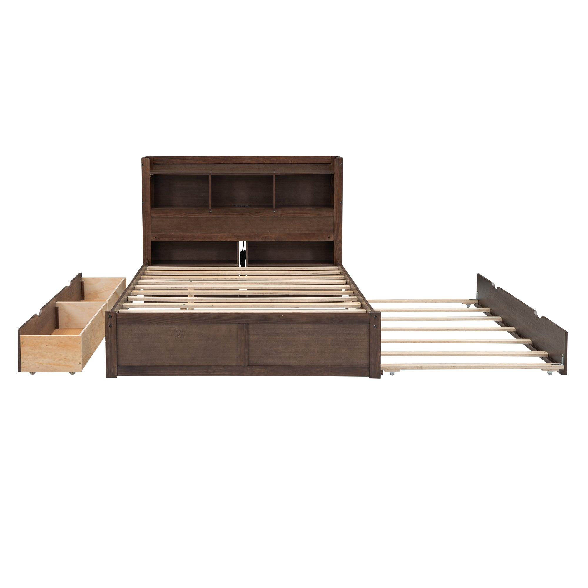 Full Size Storage Platform Bed with Pull Out Shelves, Twin Size Trundle and 2 Drawers, Espresso