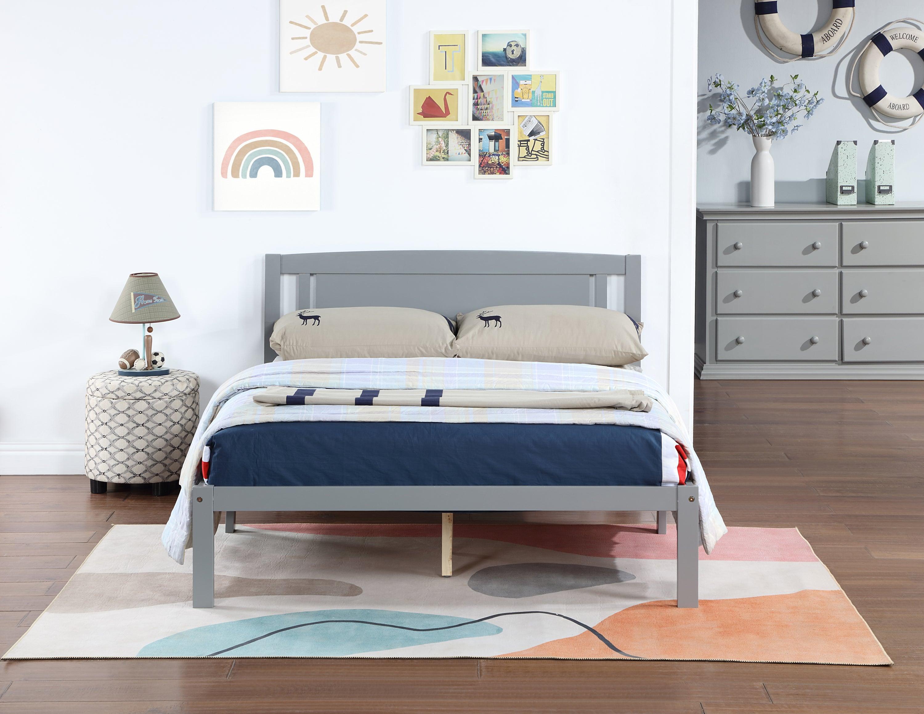 🆓🚛 Full Size Bed, Wood Platform Bed Frame With Headboard for Kids, Slatted, Gray