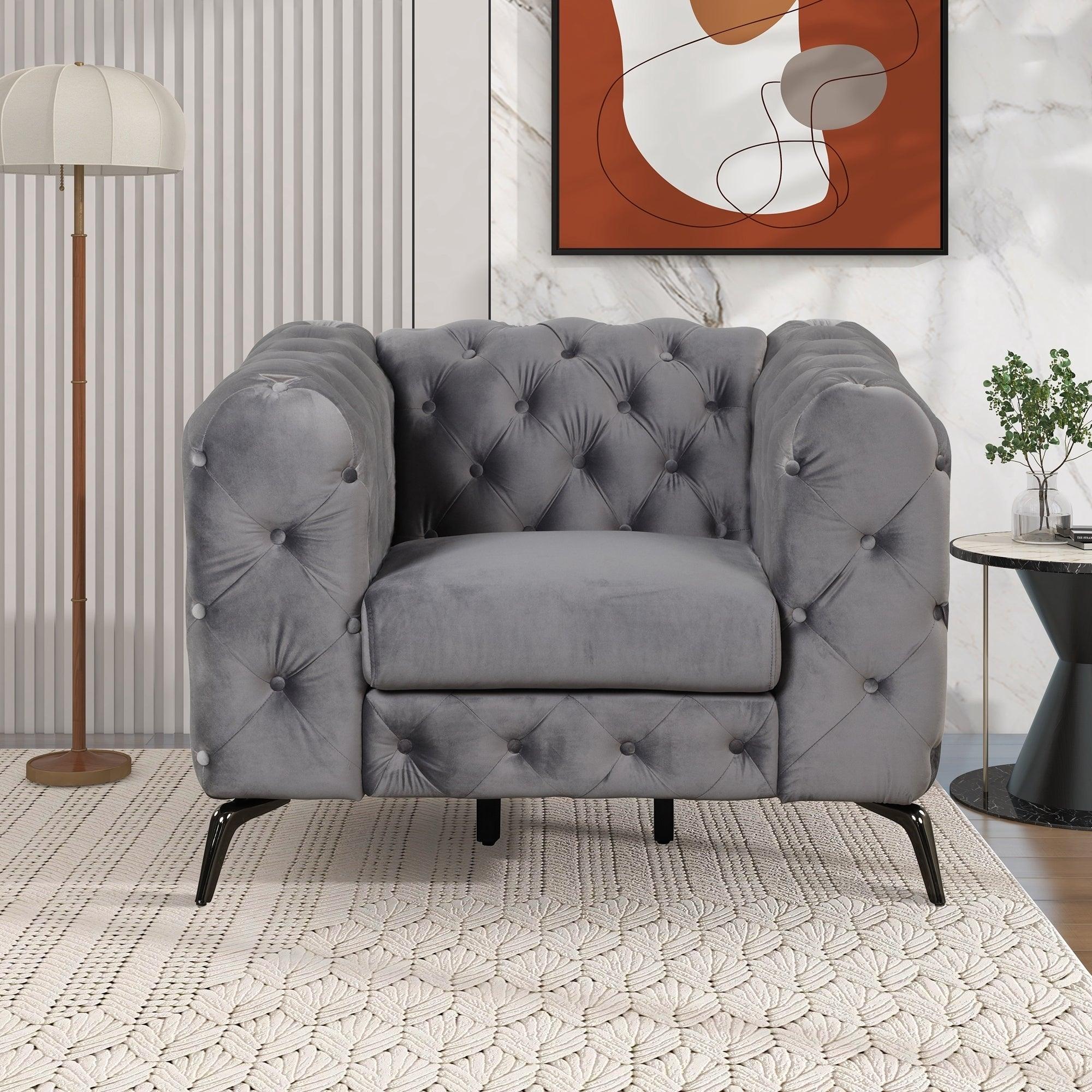 40.5" Velvet Upholstered Accent Sofa, Modern Single Sofa Chair With Button Tufted Back, Modern Single Couch For Living Room, Bedroom, Or Small Space, Gray