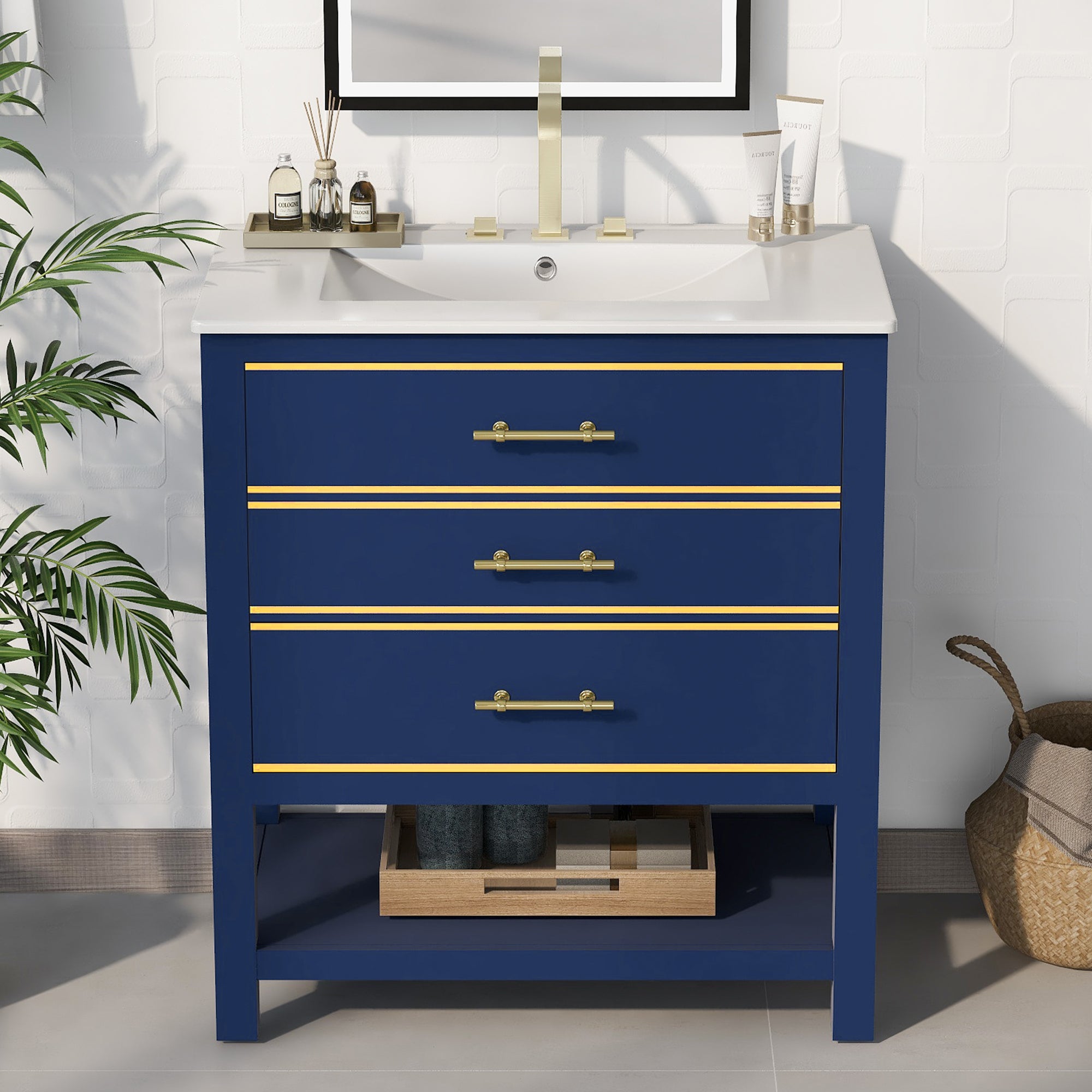 Modern 30 Inch Navy Blue/White Bathroom Vanity Cabinet Combo With Open Storage, Two Drawers