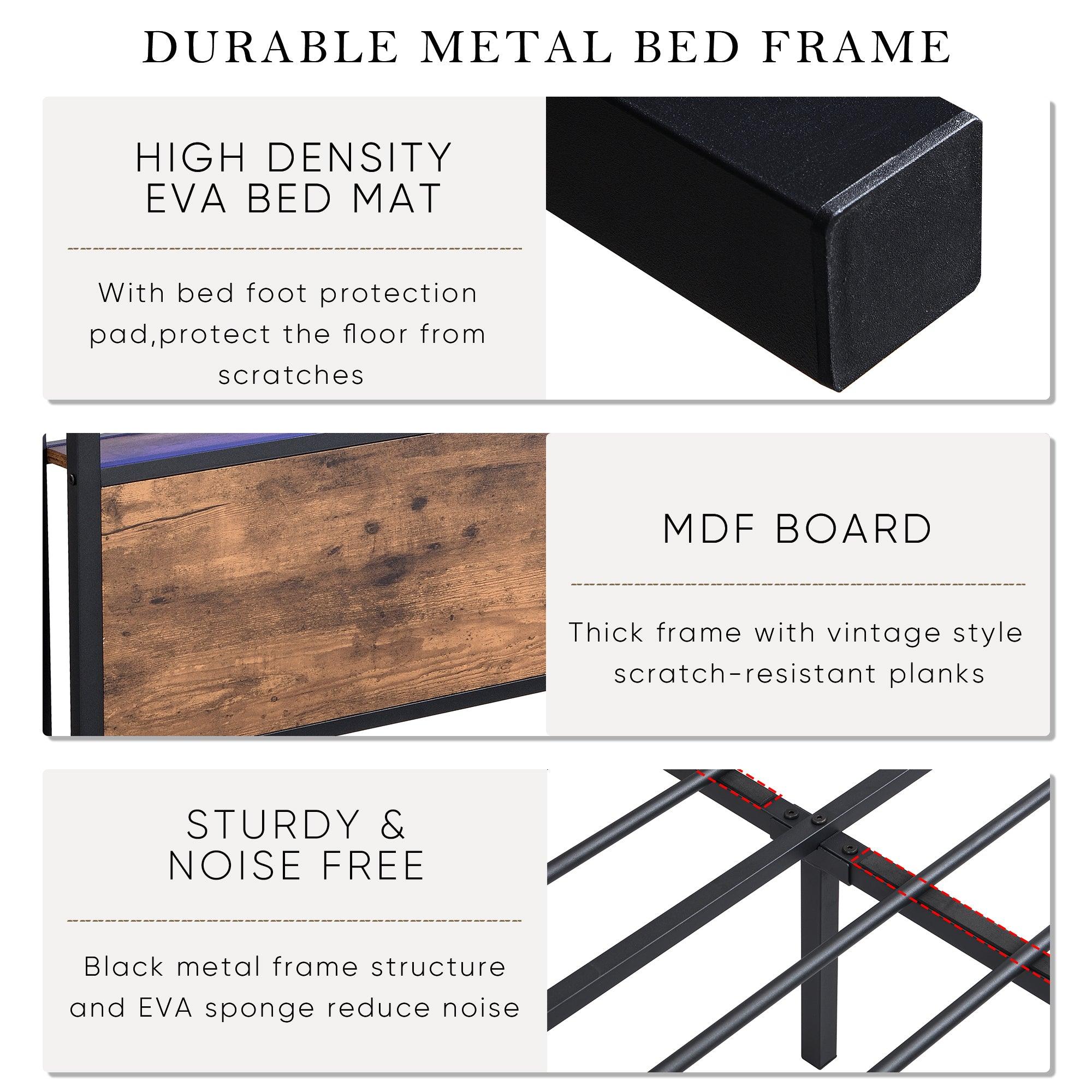 Full Size Bed Frame with Storage Headboard and 2 Drawers, LED Lights Bed with Charging Station, Metal Platform Bed No Noise