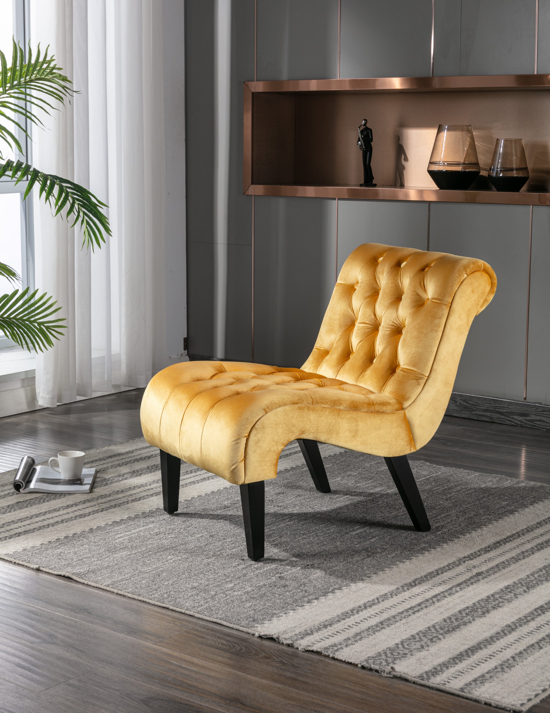 🆓🚛 Armless Living Room Chair with Curved Backrest, Mustard