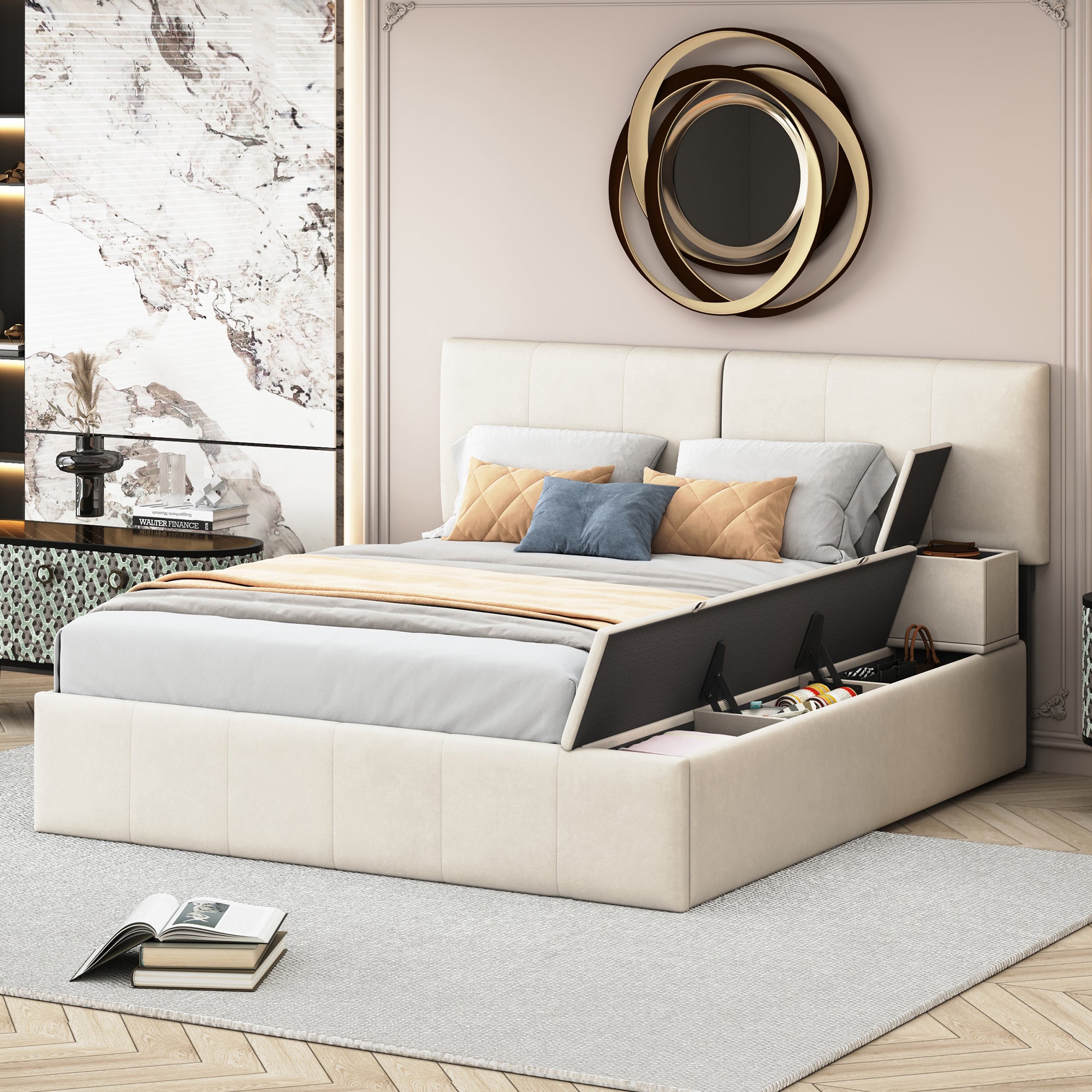 🆓🚛 Queen Size Upholstered Platform Bed with Lateral Storage Compartments and Thick Fabric, Velvet, Beige