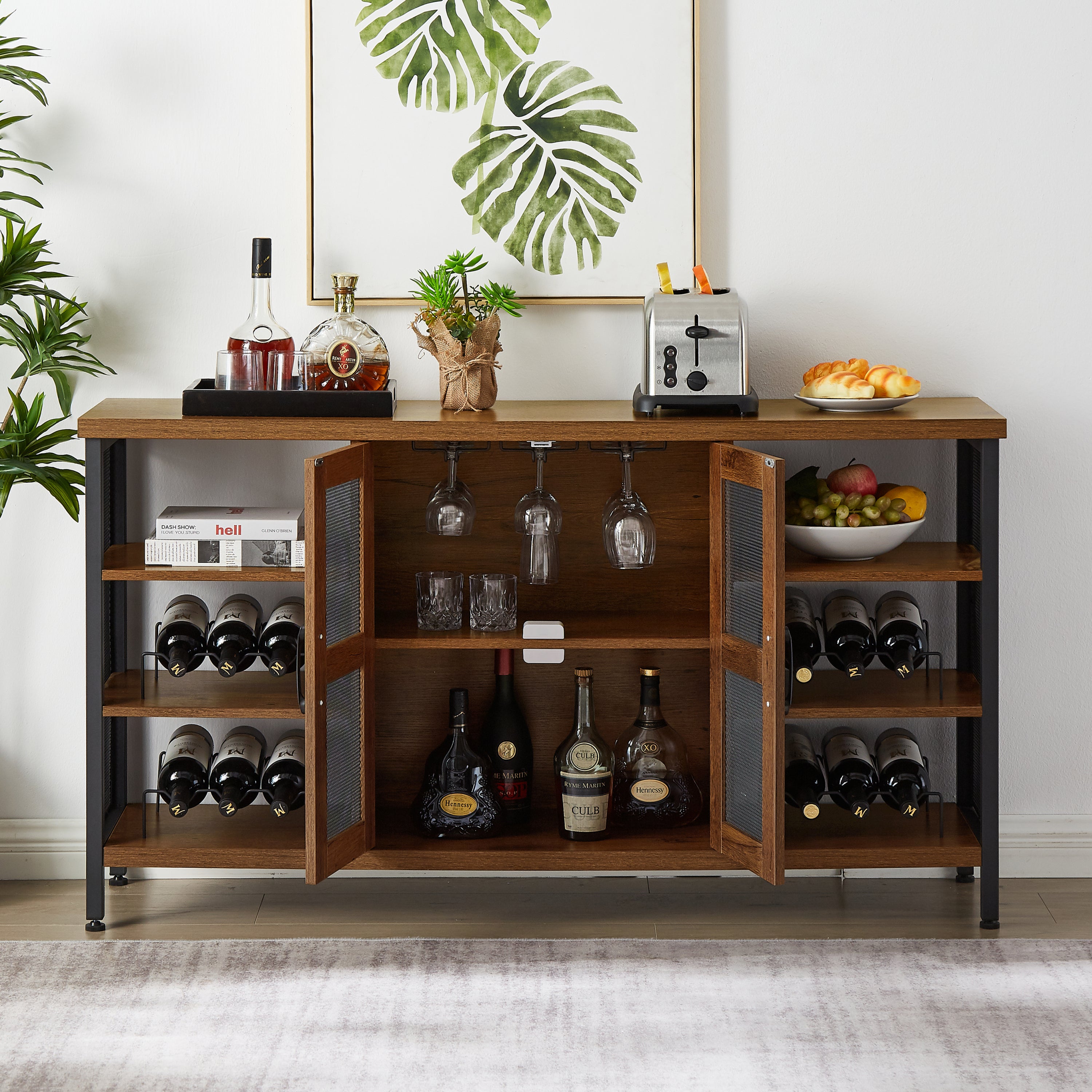 🆓🚛 Industrial Wine Bar Cabinet, Liquor Storage Credenza, Sideboard With Wine Racks & Stemware Holder, Hazelnut Brown, 55.12"W X 13.78"D X 30.31" H