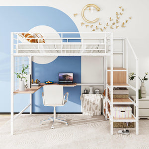 Full Size Metal Loft Bed with Desk and Metal Grid, Stylish Metal Frame Bed with Lateral Storage Ladder and Wardrobe, White