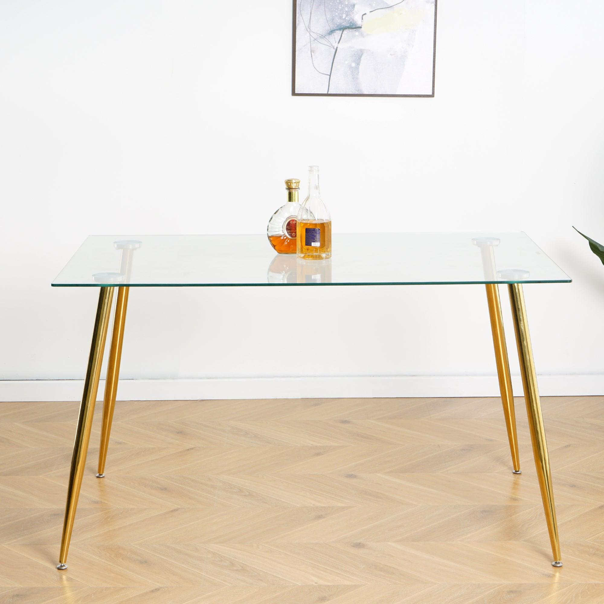 🆓🚛 Modern Kitchen Glass Dining Table 51" Rectangular Tempered Glass Table Top, Clear Dining Table Metal Legs, Gold Legs