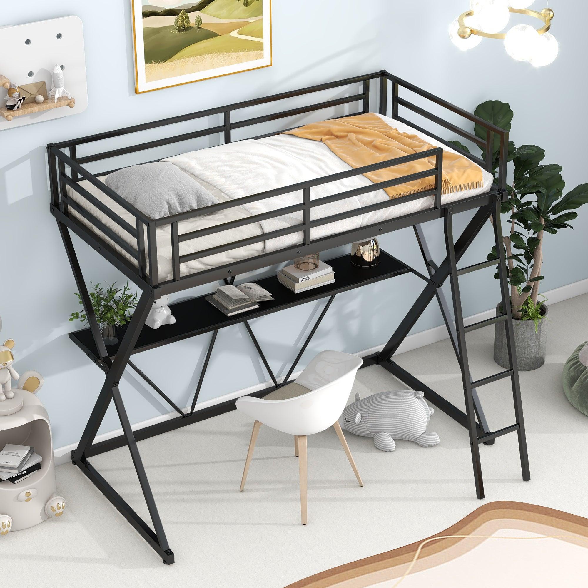 🆓🚛 Twin Size Loft Bed With Desk, Ladder & Full-Length Guardrails, X-Shaped Frame, Black