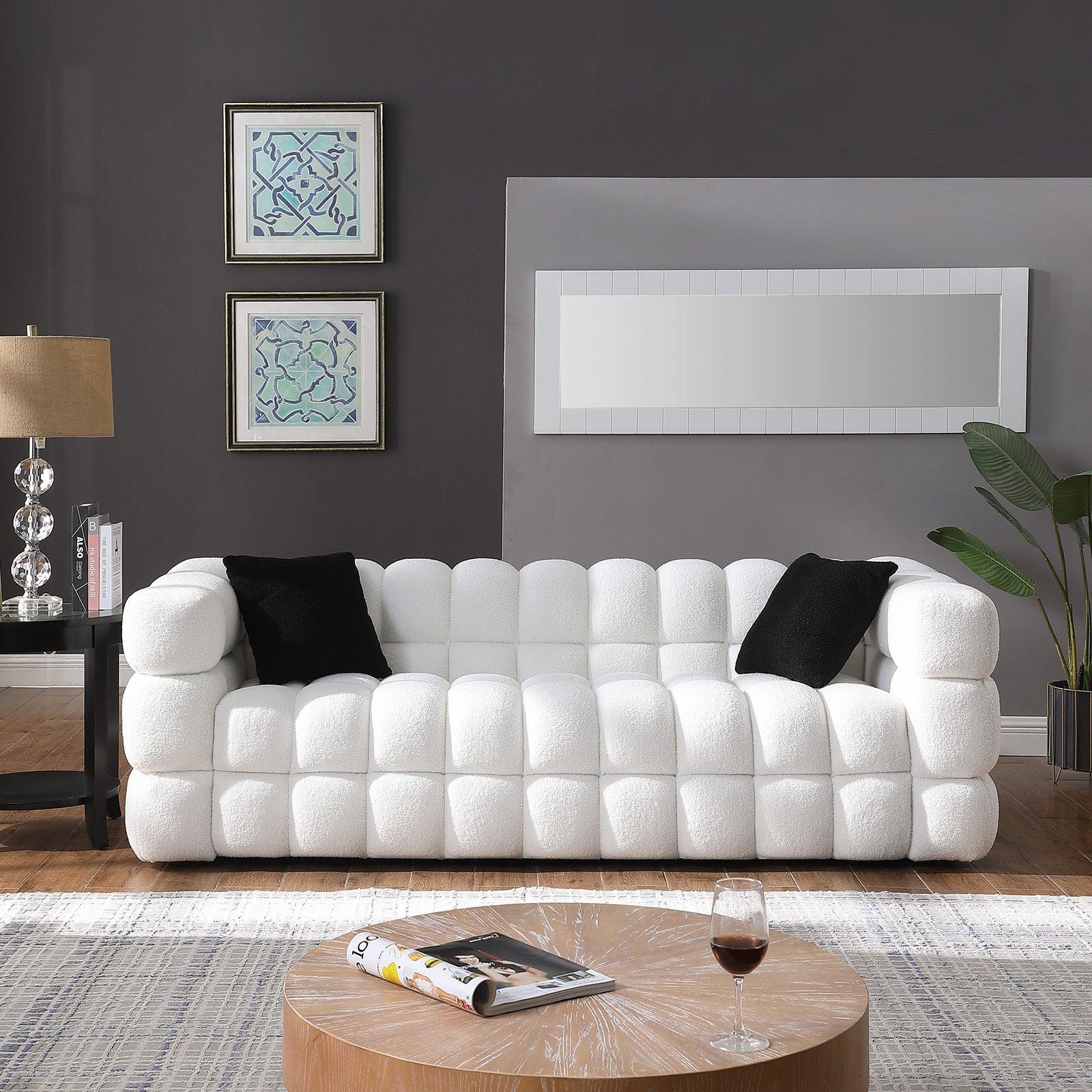 84.3 Inch 3 Seater White Marshmallow Boucle Sofa Couch With 2 Pillows LamCham