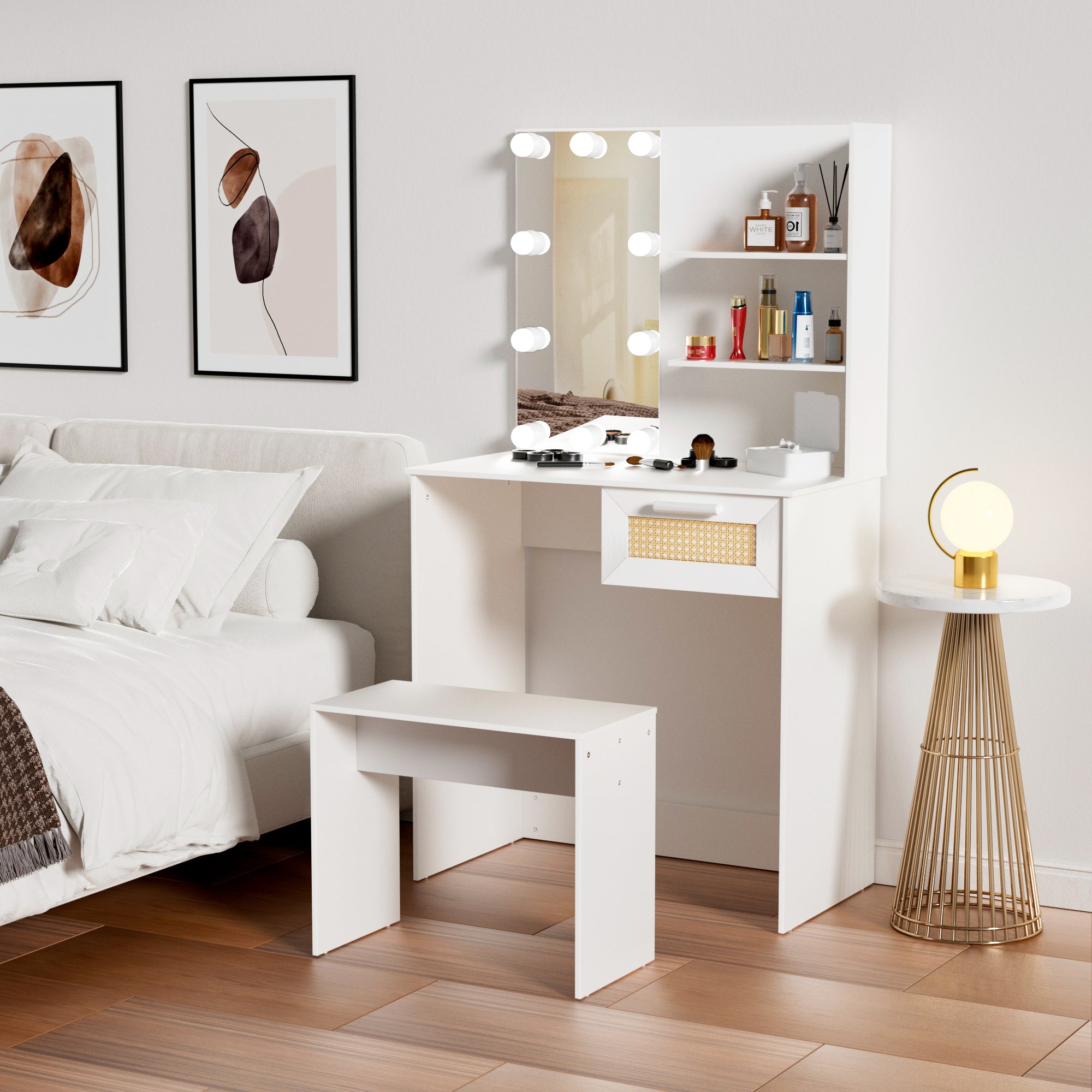 🆓🚛 Vanity Desk Set Stool & Dressing Table With Led Lighting Mirror Drawer and Compartments Modern Wood Cosmetic Table Chest of Drawers White Color