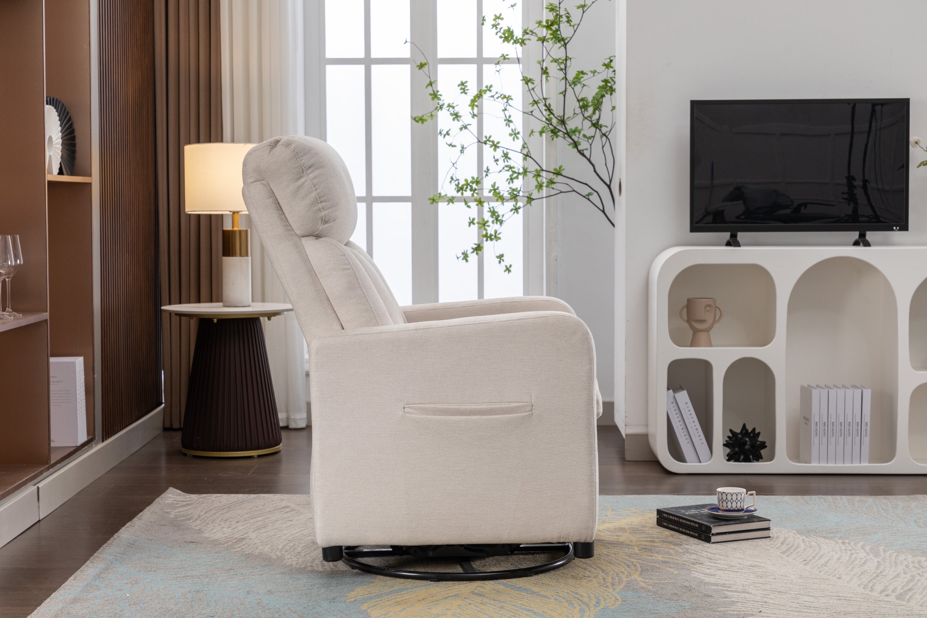 🆓🚛 Linen Fabric Swivel Rocking Chair Gilder Chair With Pocket, Beige