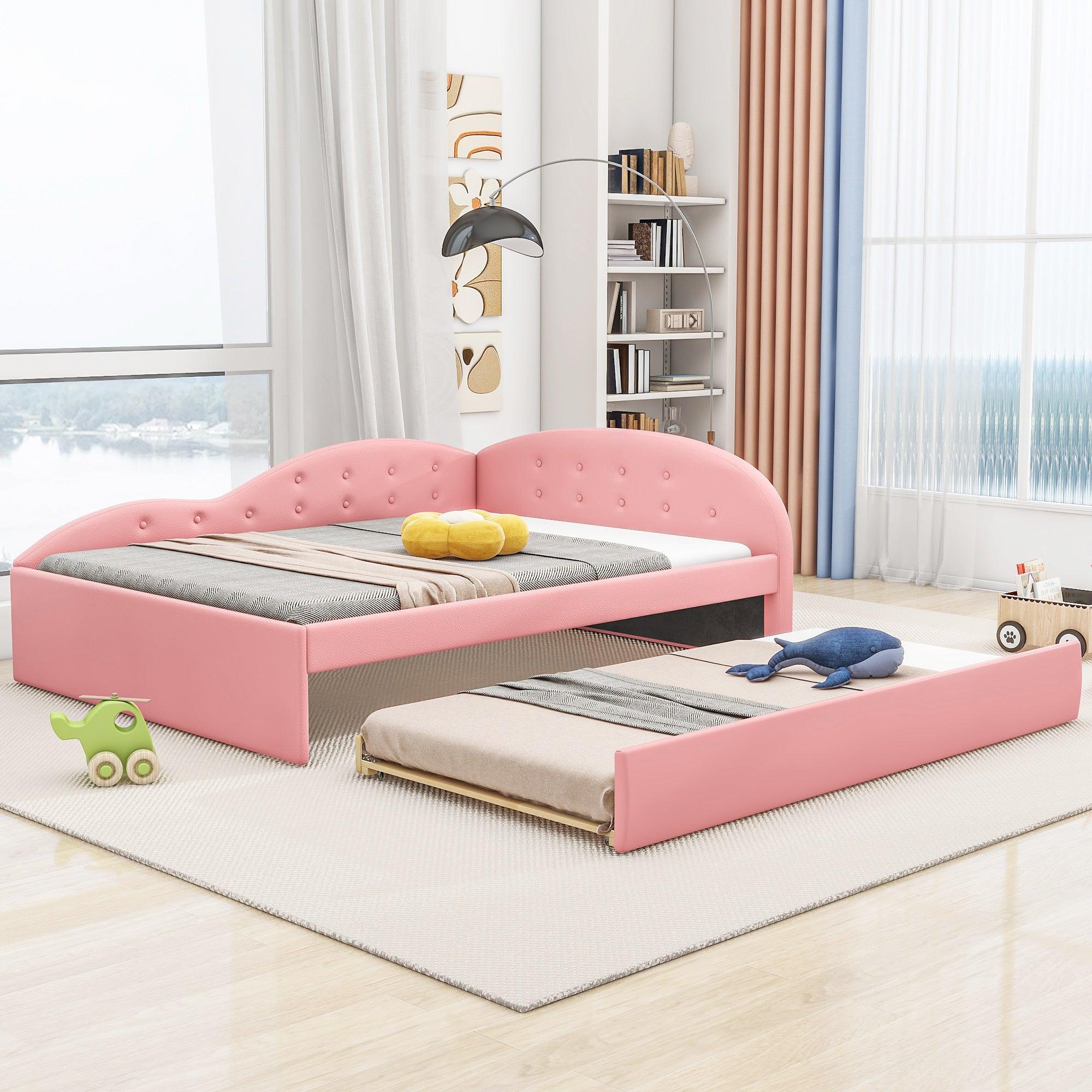 Full Size PU Upholstered Tufted Daybed with Trundle and Cloud Shaped Guardrail, Pink