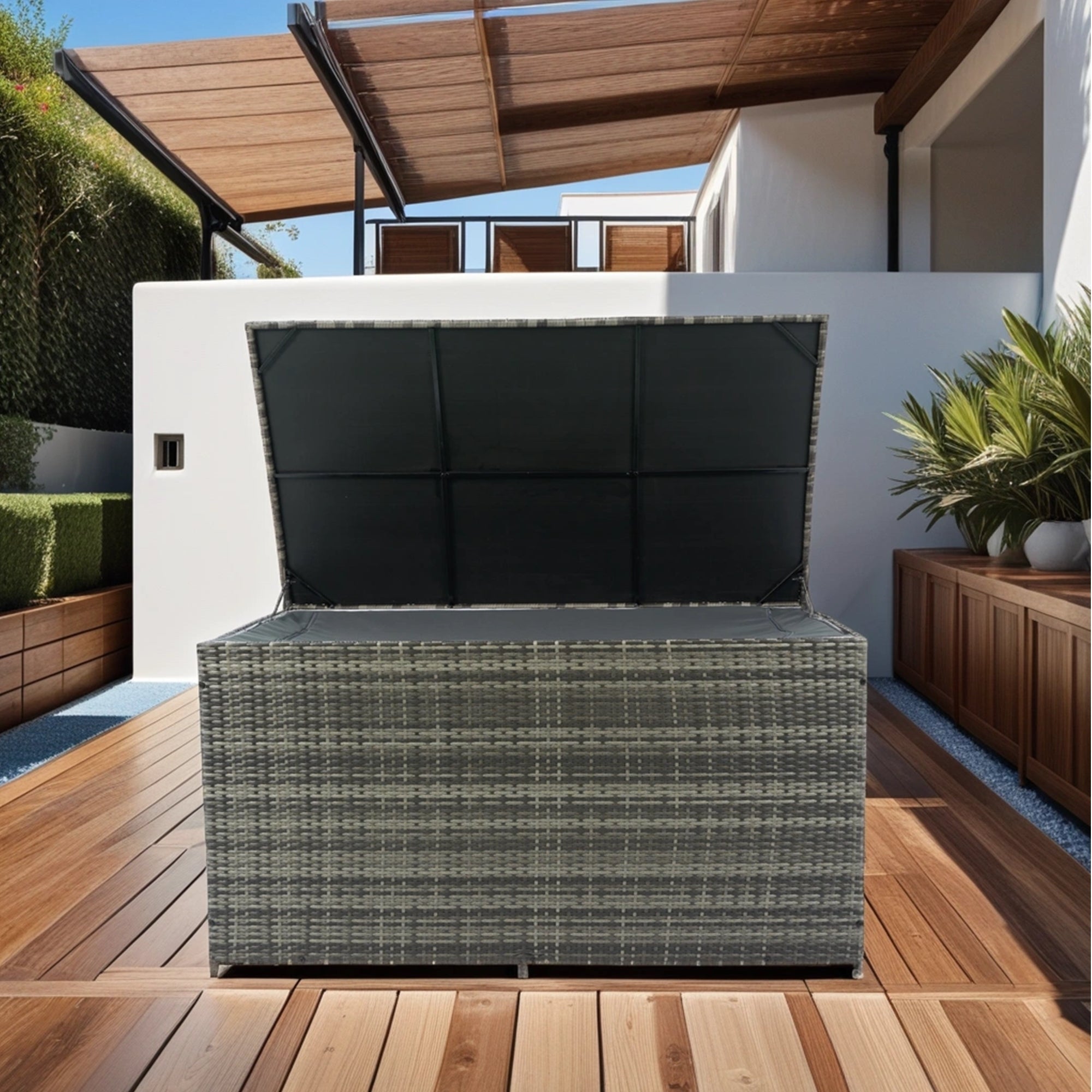 🆓🚛 Outdoor Storage Box, 200 Gallon Wicker Patio Deck Boxes With Lid, Outdoor Cushion Storage for Kids Toys, Pillows, Towel, Gray