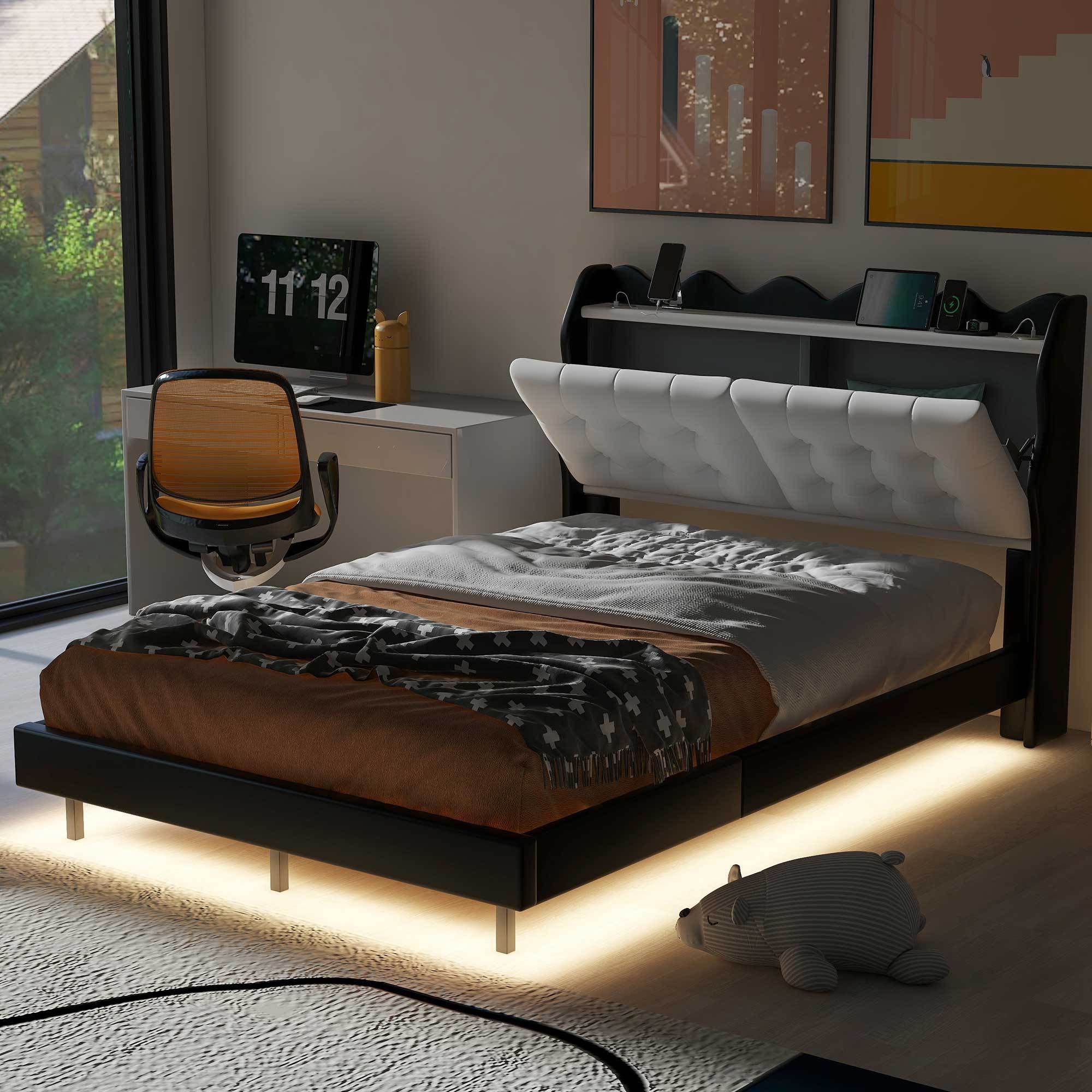🆓🚛 Full Size Upholstery Platform Bed Frame With Led Light Strips and Built-In Storage Space, Black