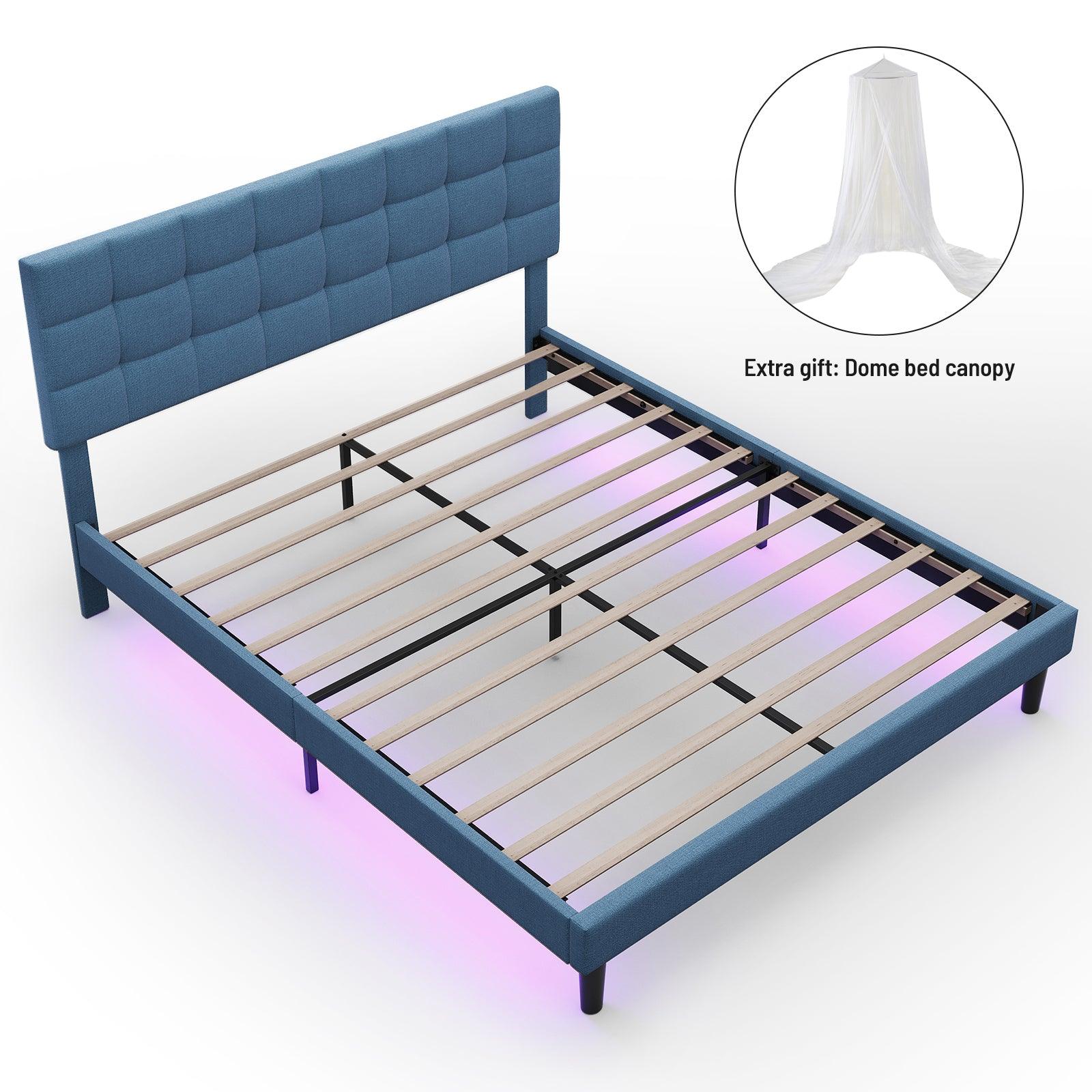 🆓🚛 Queen Size Upholstered Platform Bed Linen Bed Frame With Lights Square Stitched Adjustable Headboard Strong Bed Slats System No Box Spring Needed, Blue