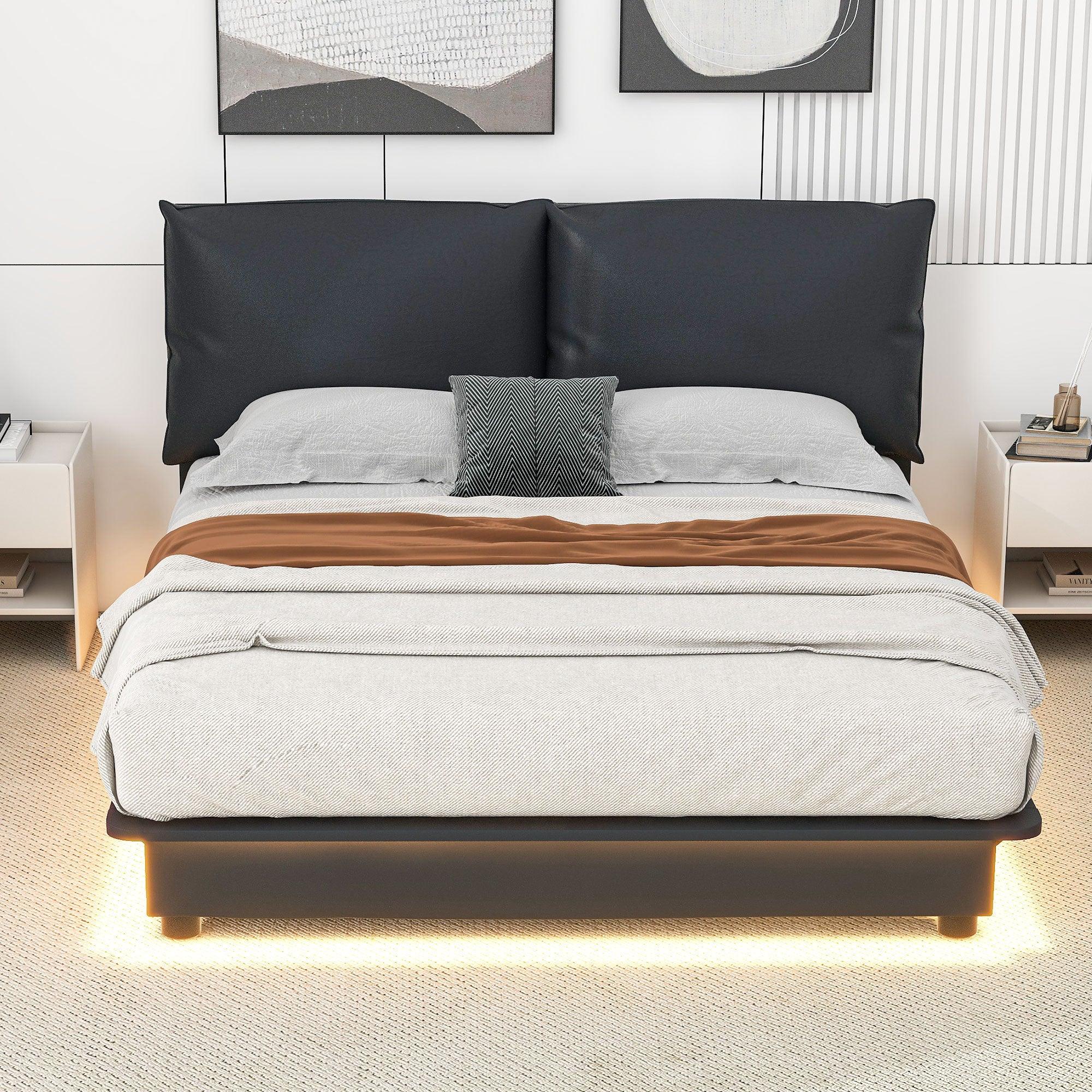 🆓🚛 Queen Size Upholstered Platform Bed With Sensor Light & Ergonomic Design Backrests, Black