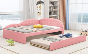 Full Size PU Upholstered Tufted Daybed with Trundle and Cloud Shaped Guardrail, Pink