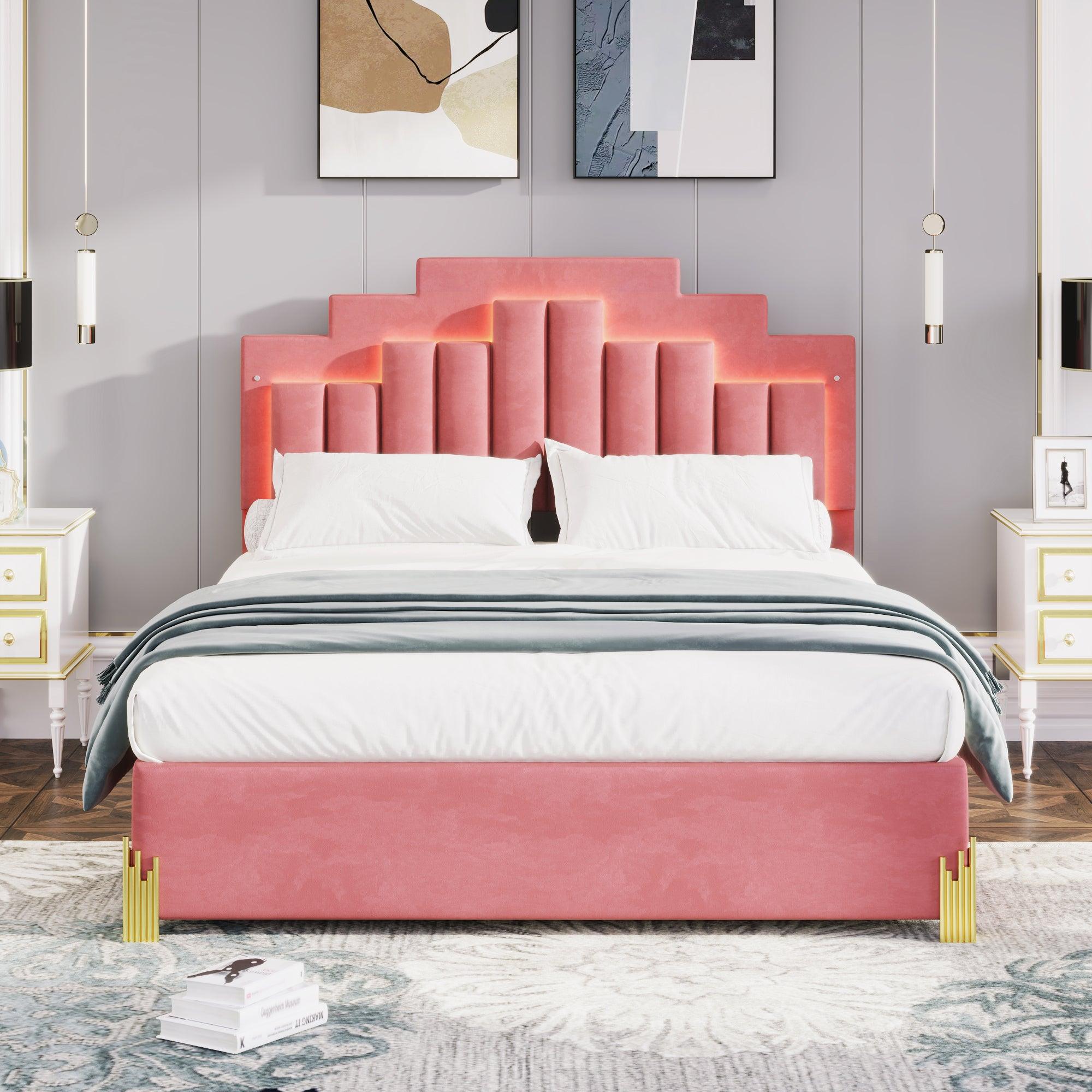 🆓🚛 Queen Size Upholstered Platform Bed With Led Lights & 4 Drawers, Stylish Irregular Metal Bed Legs Design, Pink