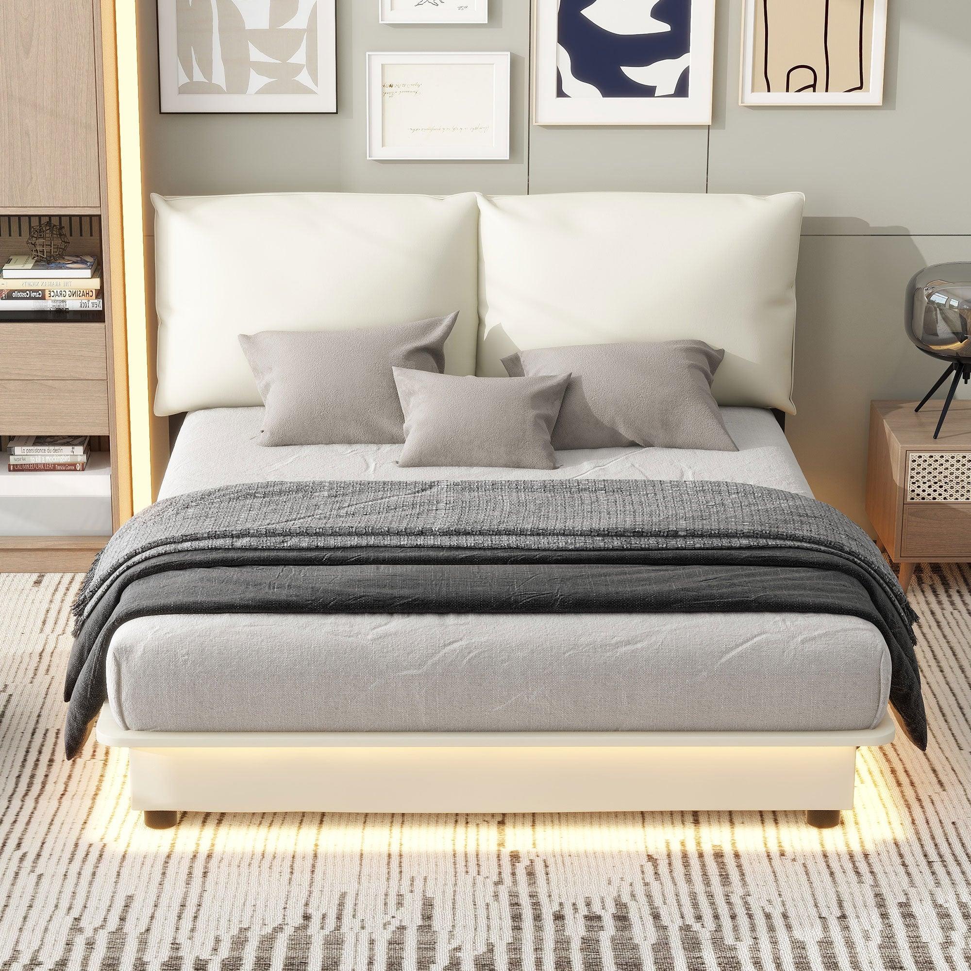 🆓🚛 Queen Size Upholstered Platform Bed With Sensor Light & Ergonomic Design Backrests, White