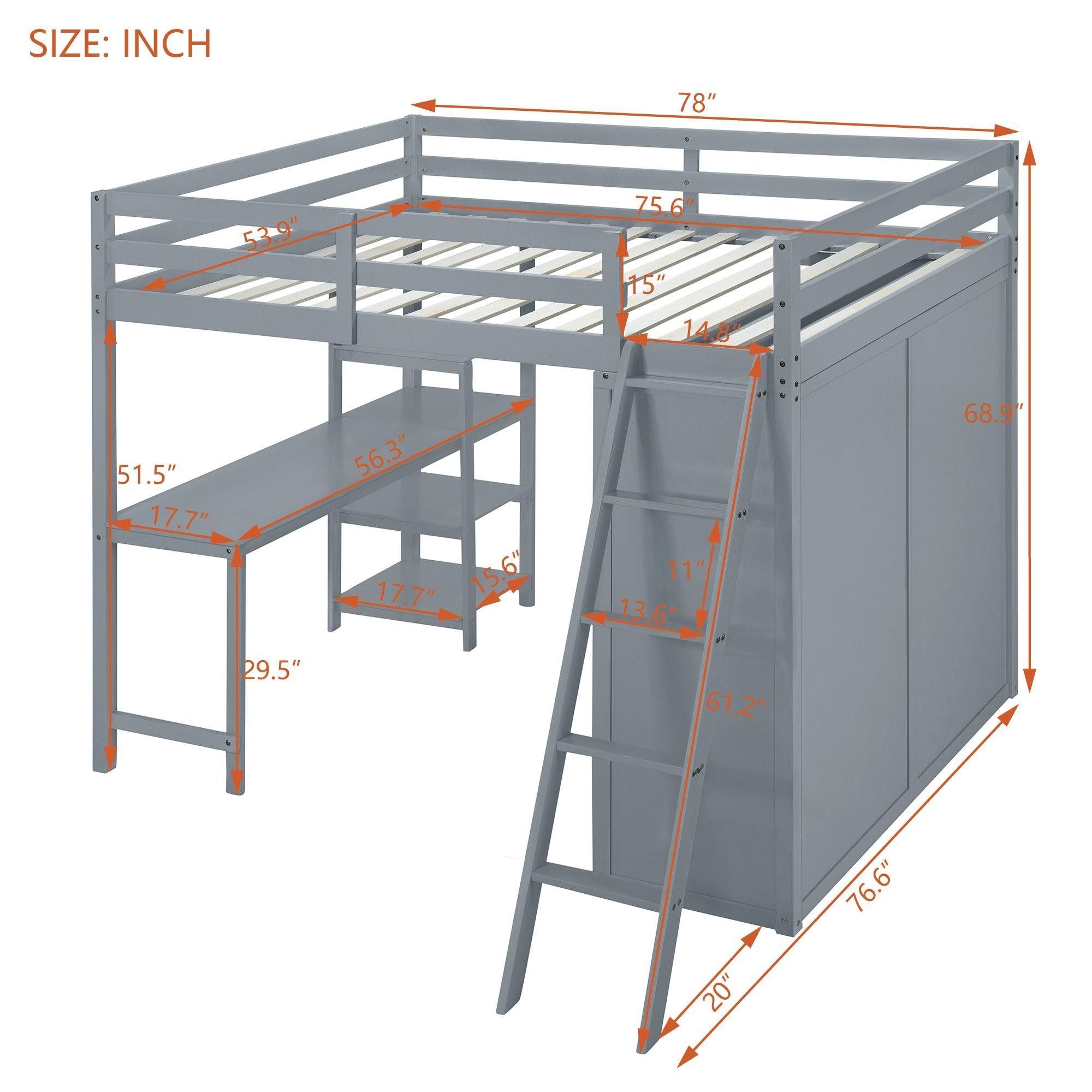 Full Size Loft Bed with Wardrobe and Desk and Shelves, Gray