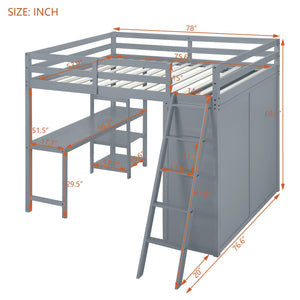 Full Size Loft Bed with Wardrobe and Desk and Shelves, Gray