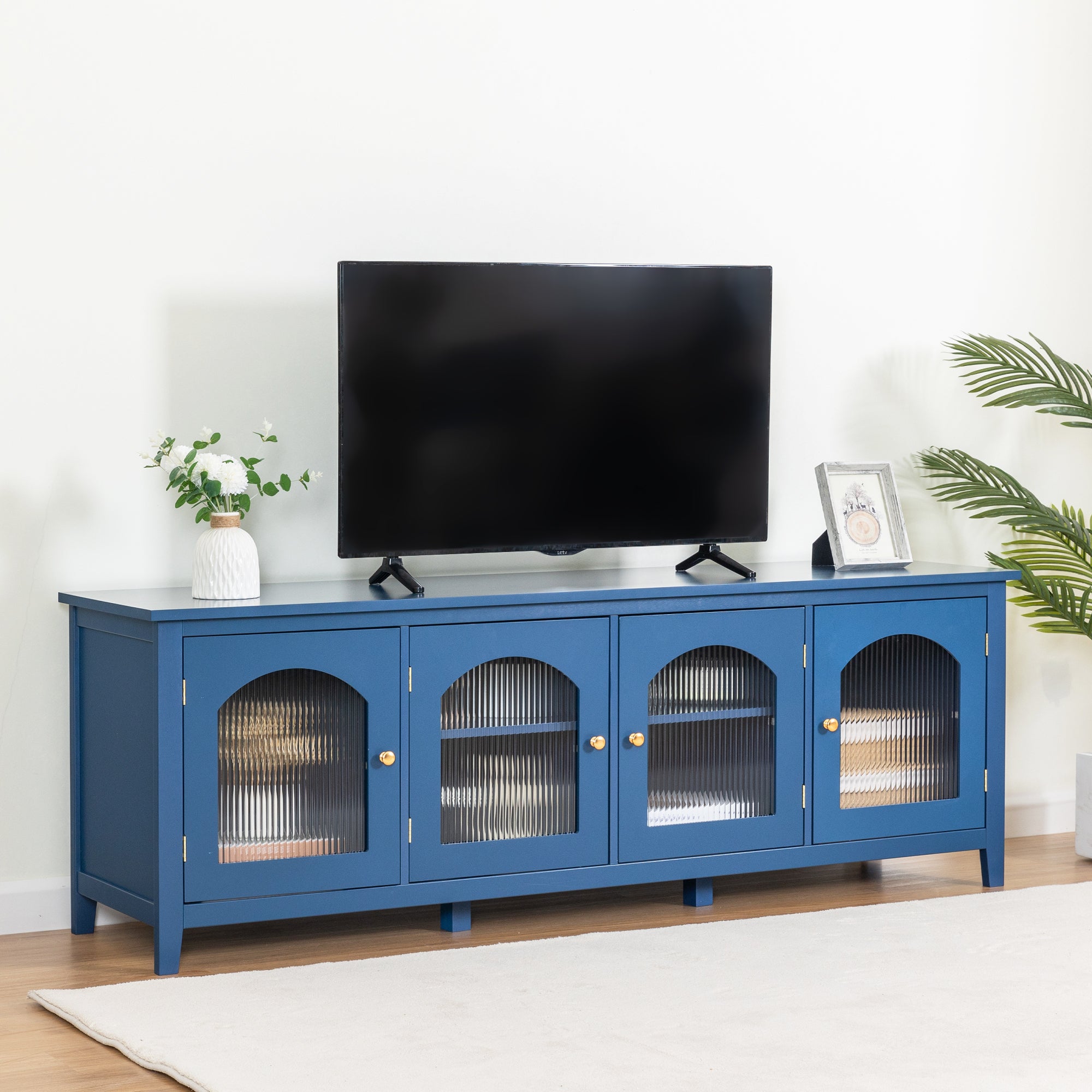 🆓🚛 71 Stylish TV Cabinet Entertainment Center. Media Console, Solid wood Frame, Glass Door, Metal Handle, Antique Blue