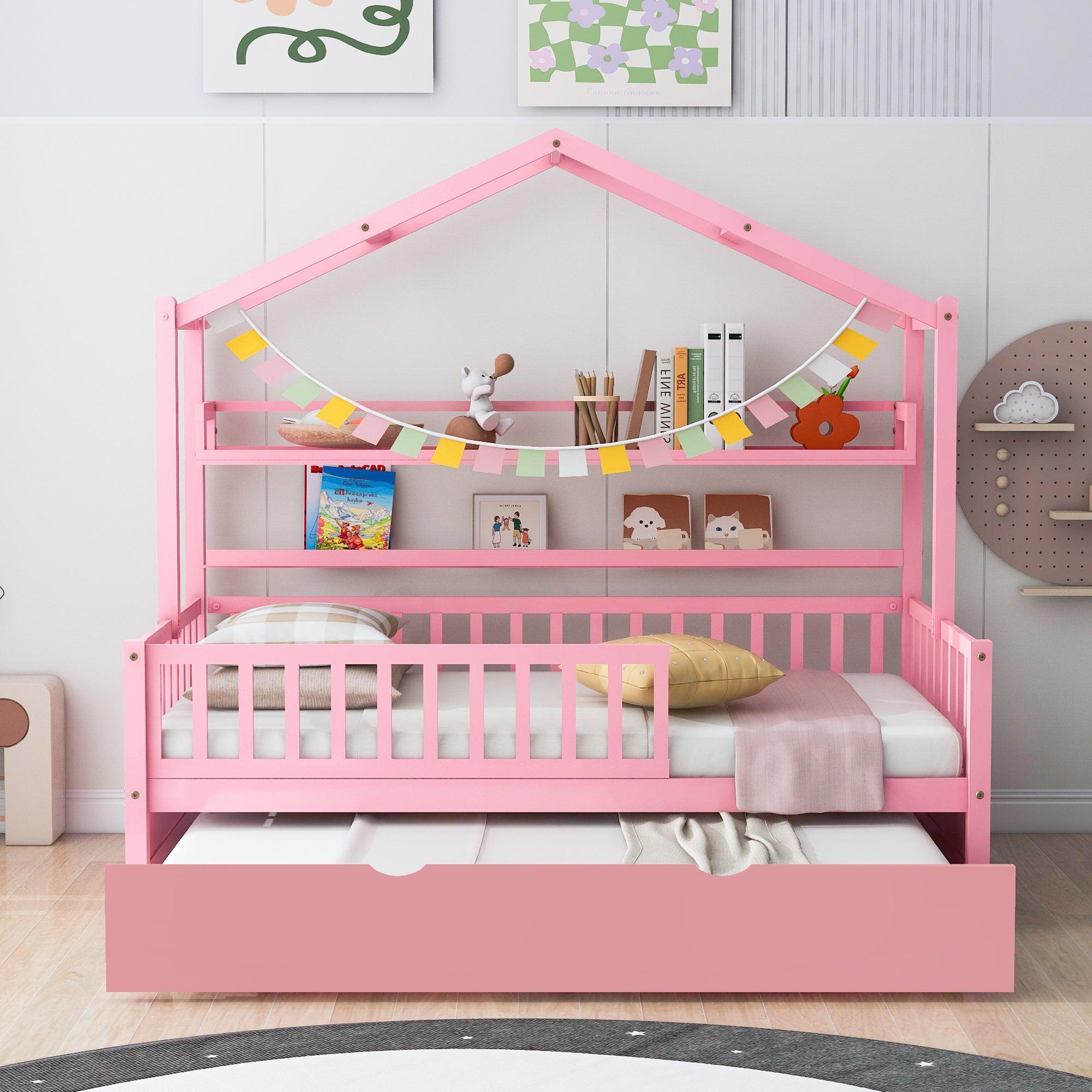 🆓🚛 Wooden Twin Size House Bed With Trundle, Kids Bed With Shelf, Pink