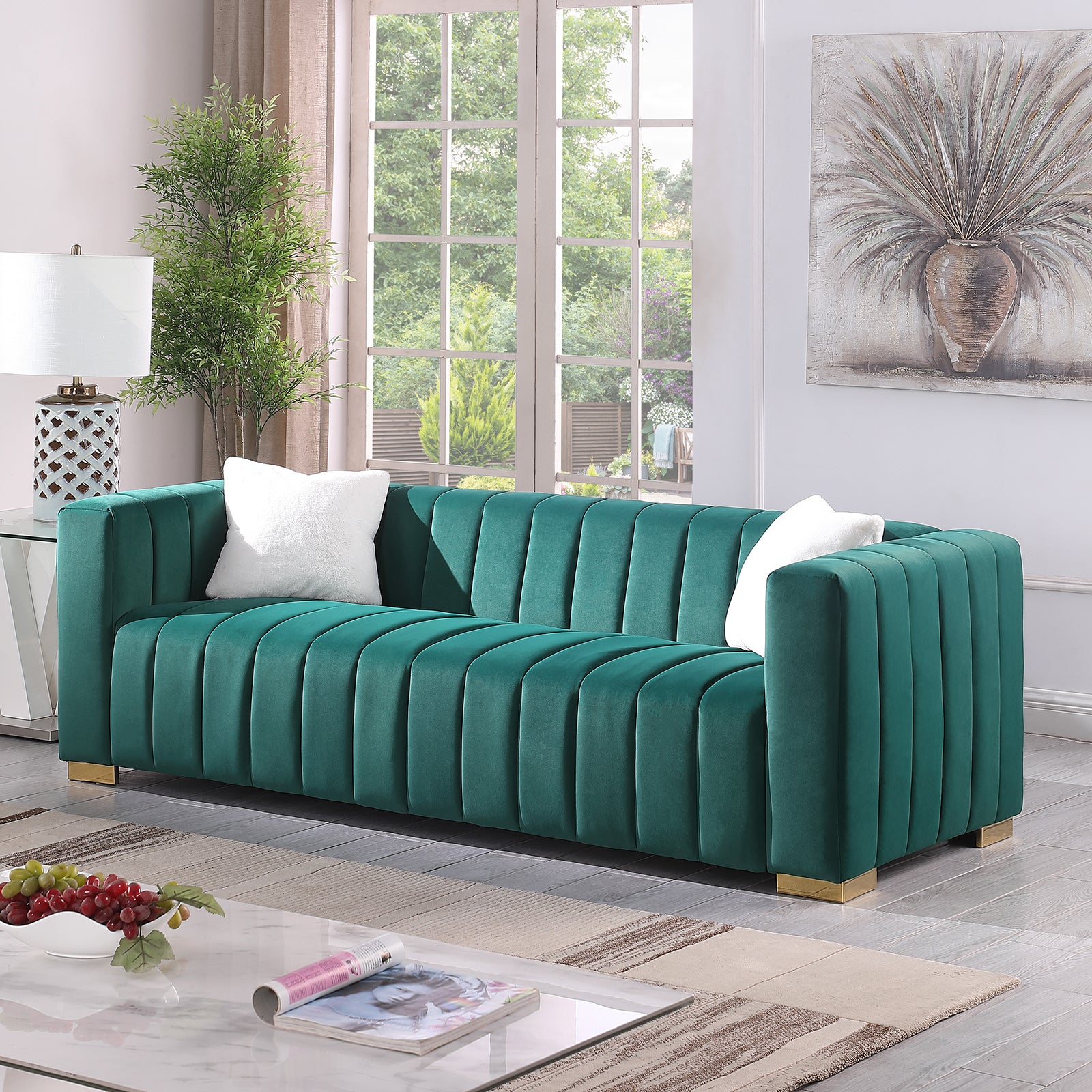 🆓🚛 85.7" Modern 3 Seater Velvet Channel Sofa, Dark Green Color