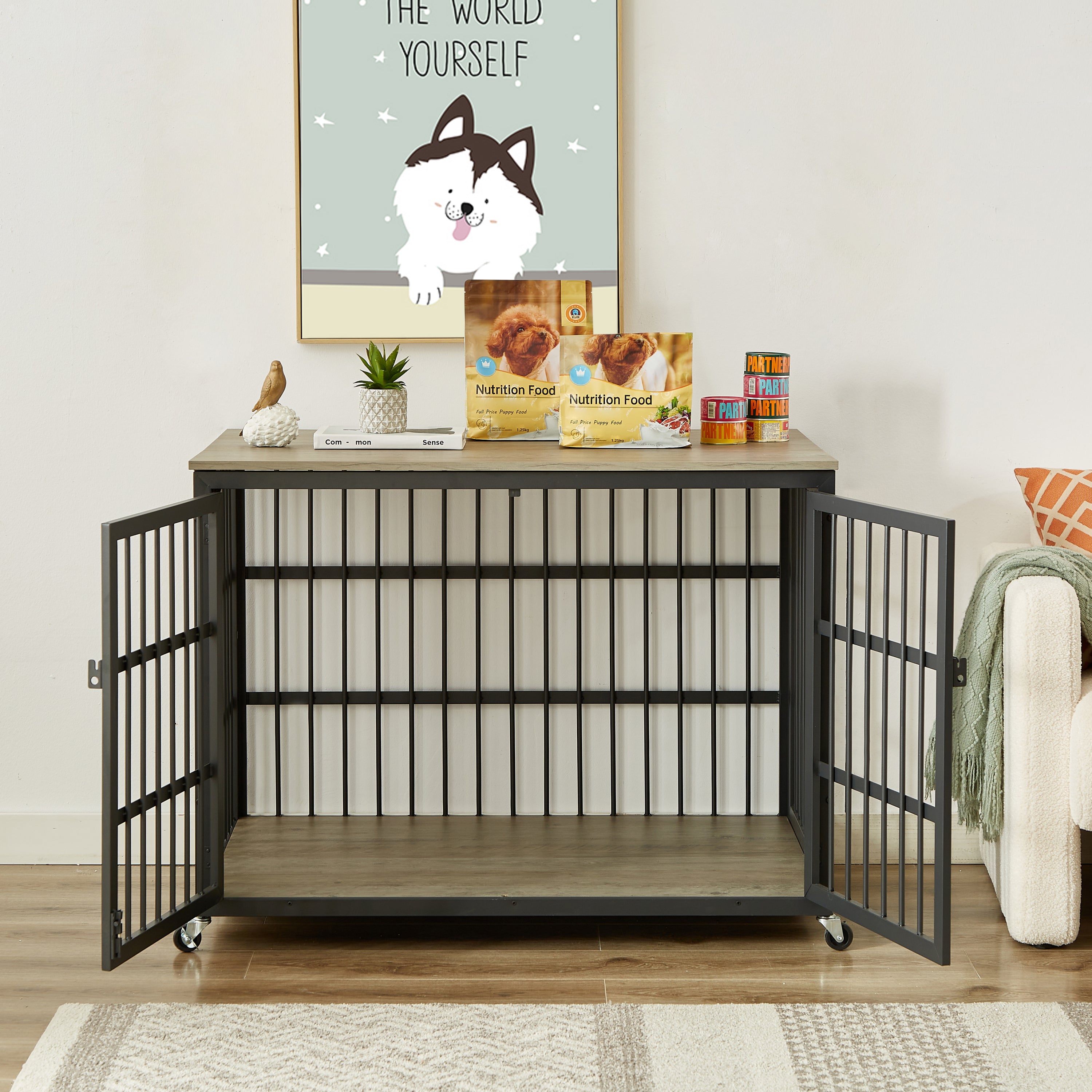 🆓🚛 Furniture Style Dog Crate Wrought Iron Frame Door With Side Openings, Gray, 43.3''W X 29.9''D X 33.5''H.