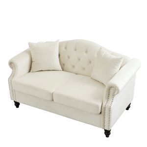 57" Chesterfield Sofa Grey Velvet for Living Room, 2 Seater Sofa Tufted Couch with Rolled Arms and Nailhead, with 2 Pillows