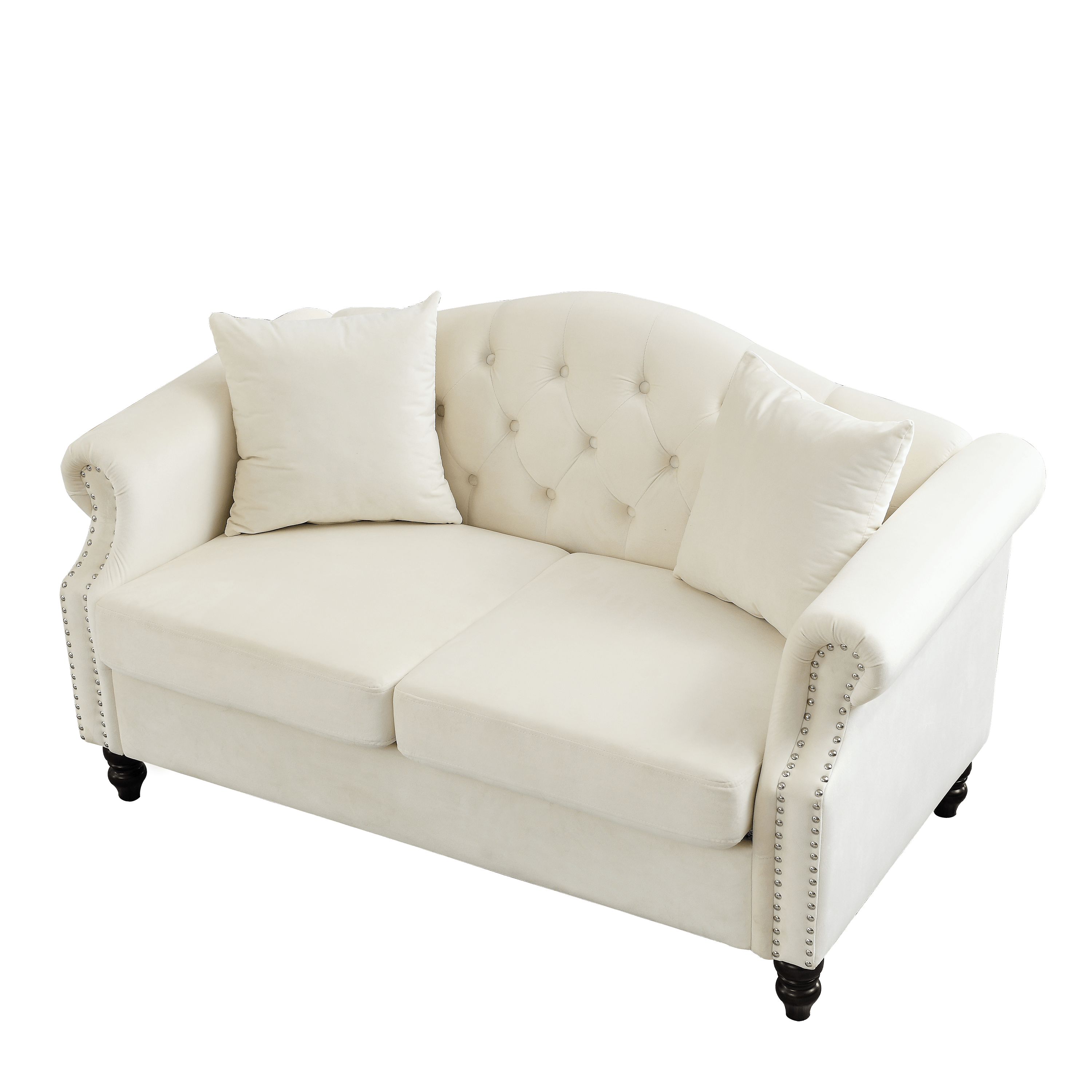 57" Chesterfield Sofa Grey Velvet for Living Room, 2 Seater Sofa Tufted Couch with Rolled Arms and Nailhead, with 2 Pillows