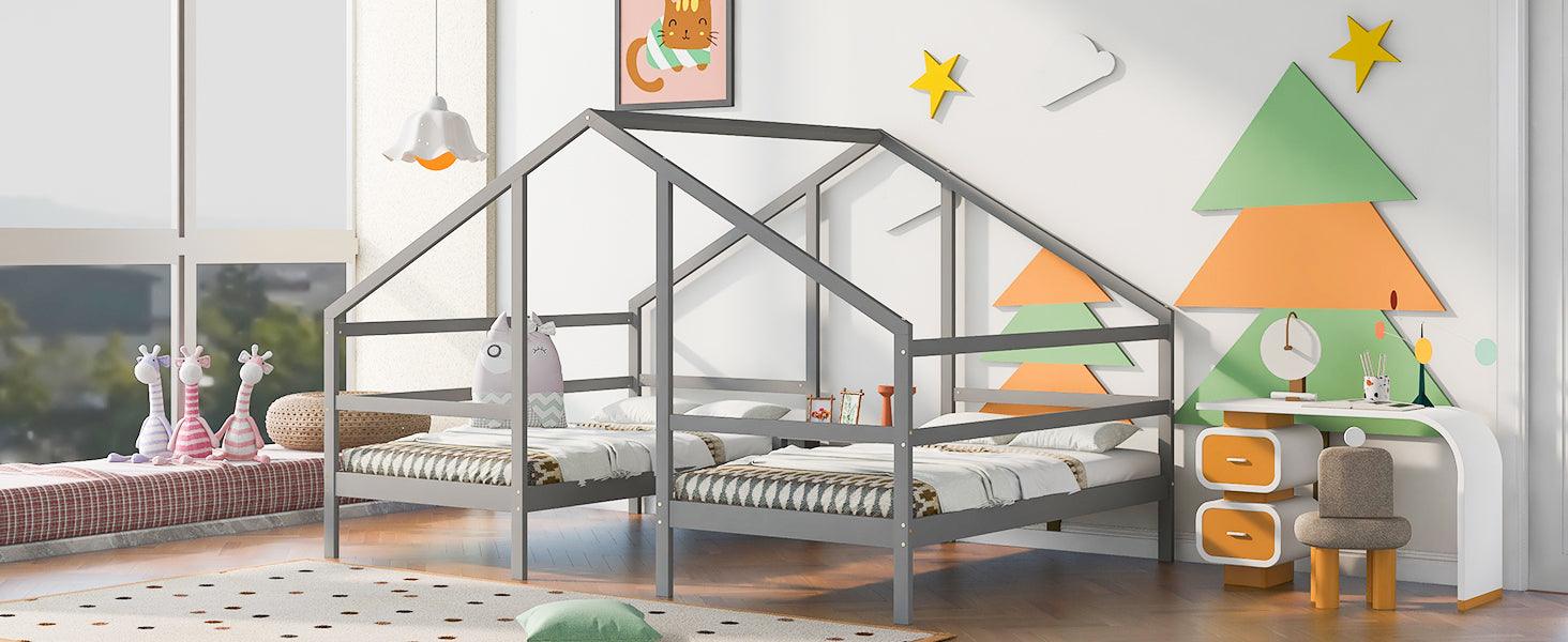 Double Twin Size Triangular House Beds with Built-in Table, Gray