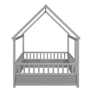 Full Size Floor Wooden Bed with House Roof Frame, Fence Guardrails, Grey