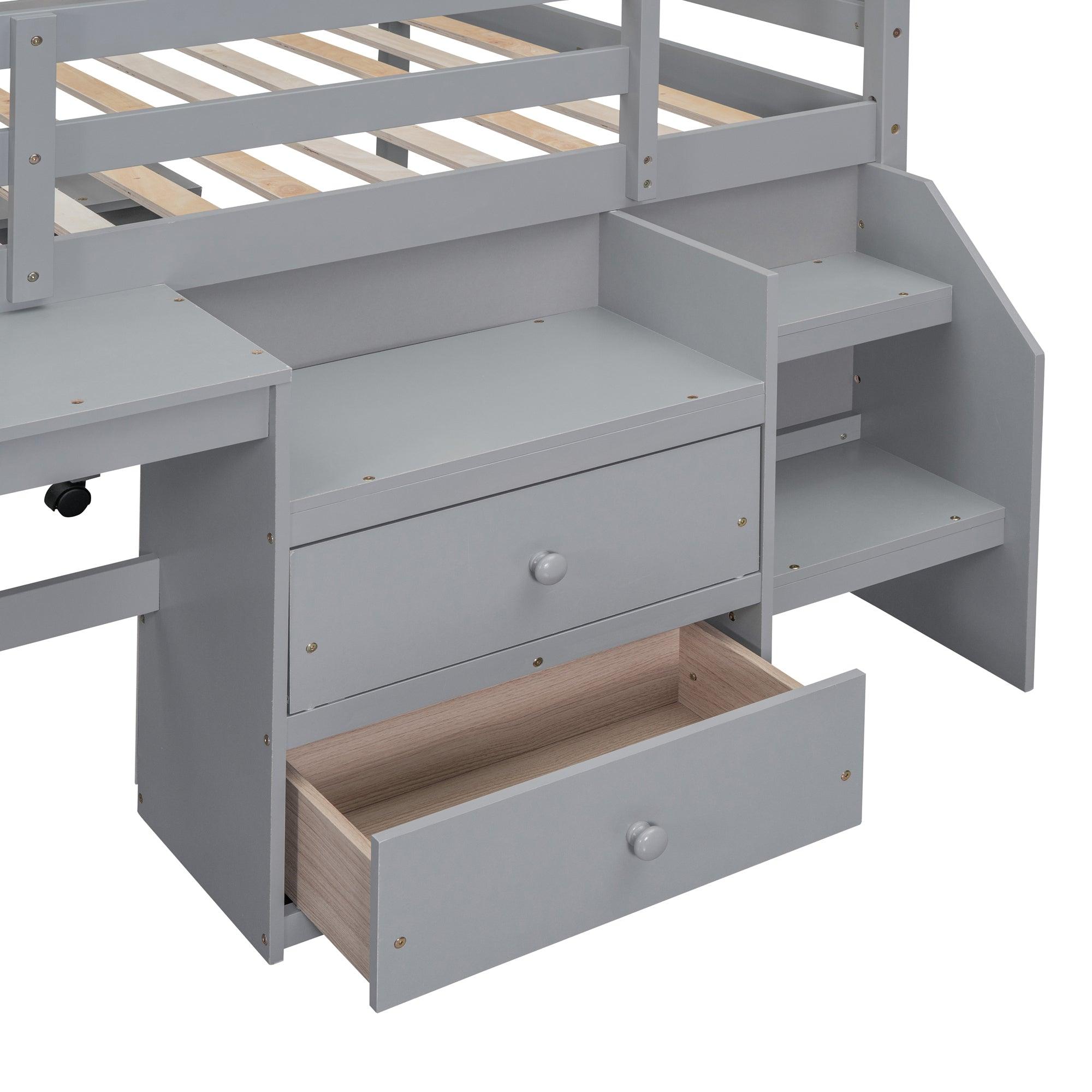 Full Size Loft Bed with Desk and Drawers, Wooden Loft Bed with Lateral Portable Desk, Gray