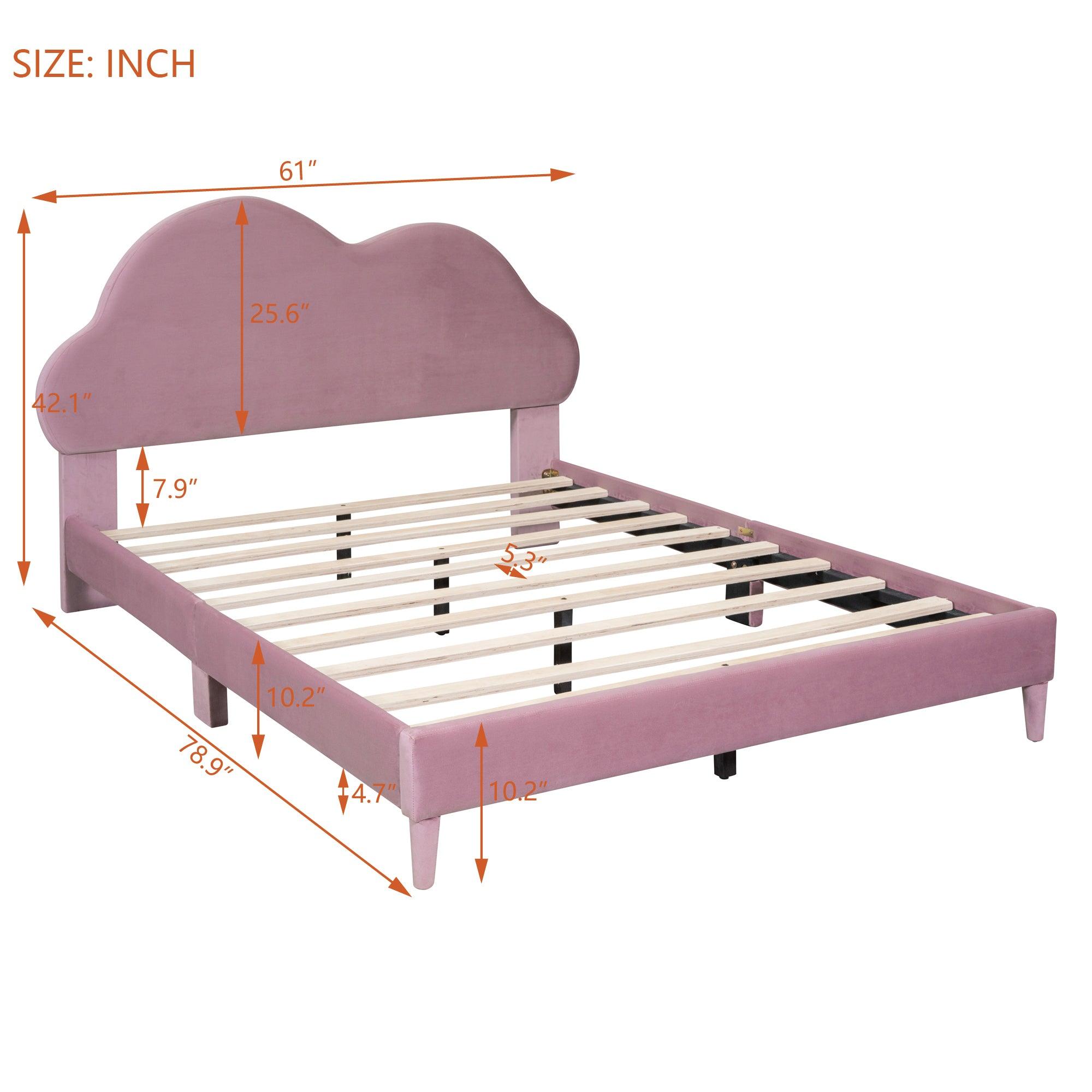 Full size Upholstered Cloud-Shape Bed , Velvet Platform Bed with Headboard, No Box-spring Needed, Pink