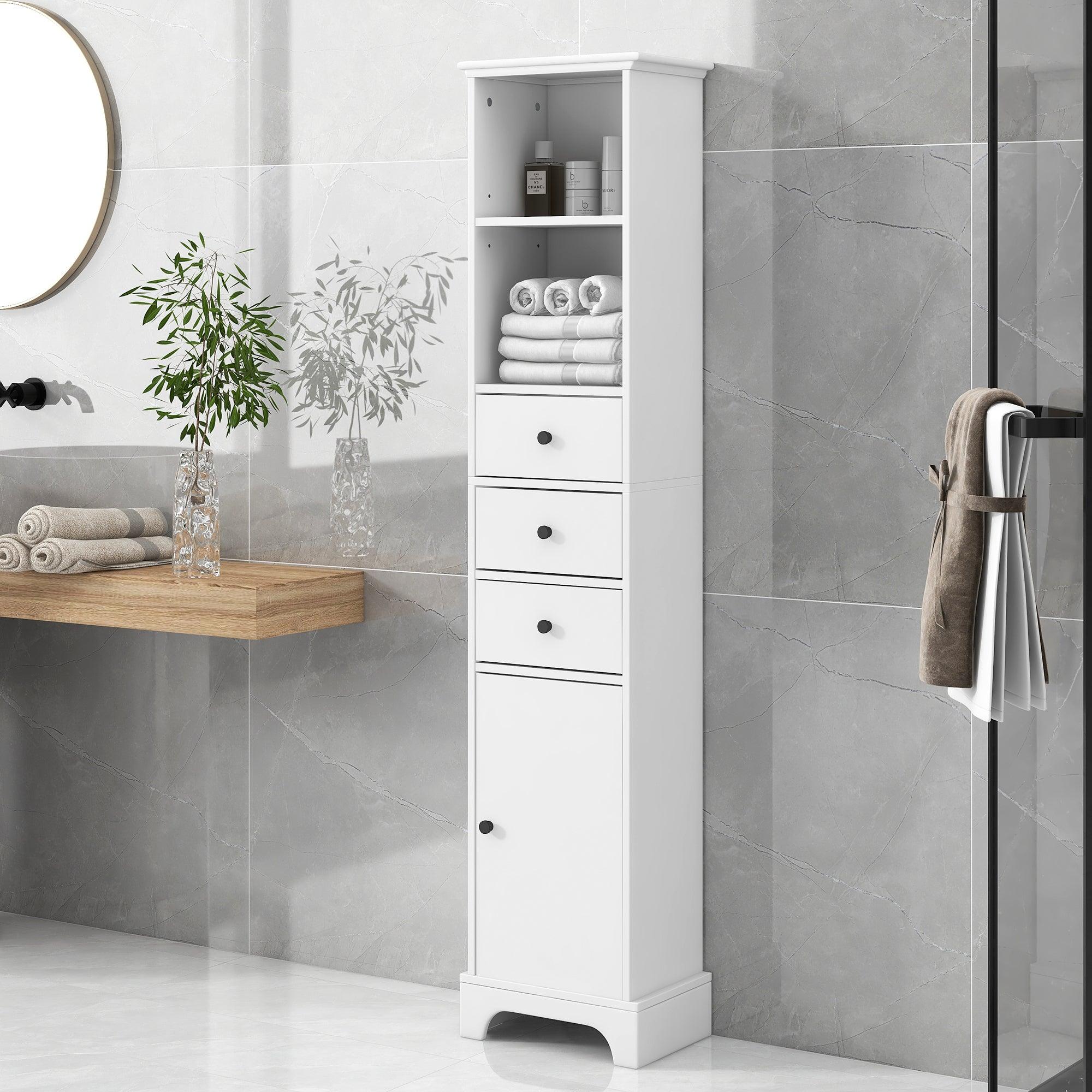 🆓🚛 White Tall Bathroom Cabinet, Freestanding Storage Cabinet With 3 Drawers & Adjustable Shelf, Mdf Board With Painted Finish